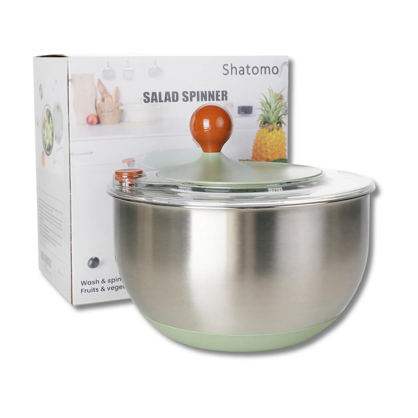 Shatomo Stainless Steel Salad Spinner, 5L Lettuce Spinner with Non-Slip Base, Drain and Stop Button, Fruit and Vegetable Washer and Dryer Spinner