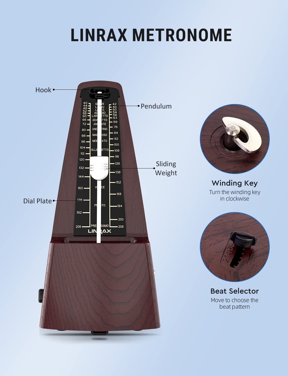 Linrax M2 Mechanical Metronome for Piano Guitar Bass Ukulele Drum Violin Cello Saxophone Trumpet and Other Musical Instruments, Track Tempo and Beat, Loud Sound, High Precision, Wood Grain