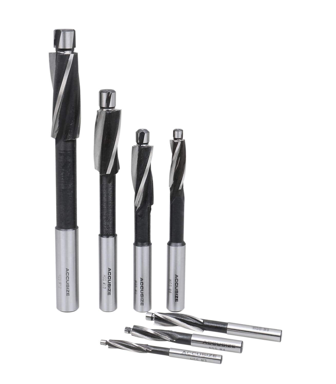 Accusize Industrial Tools 7 Pc Metric H.S.S. Solid Capscrew Counterbore Set, 3 Flute, Straight Shank, 508S-007M