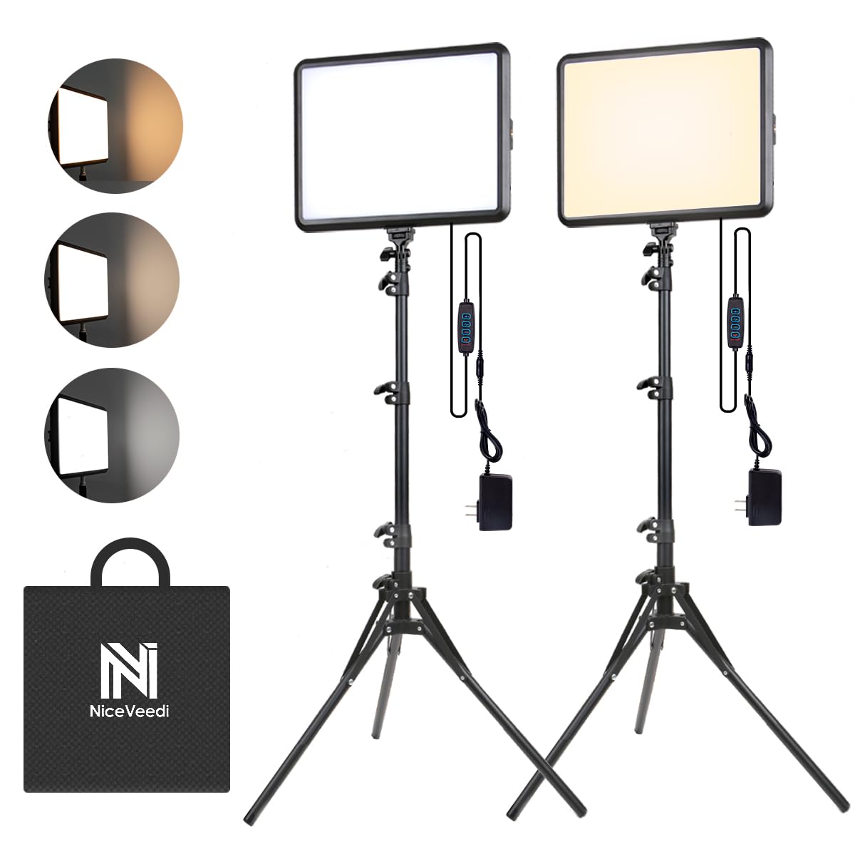 2-Pack LED Video Light Kit, NiceVeedi 2800-6500K Dimmable Continuous Photography Lighting with Tripod Stand & Phone Holder, 63” Studio Light for Video Recording, Shooting, Game Streaming, YouTube