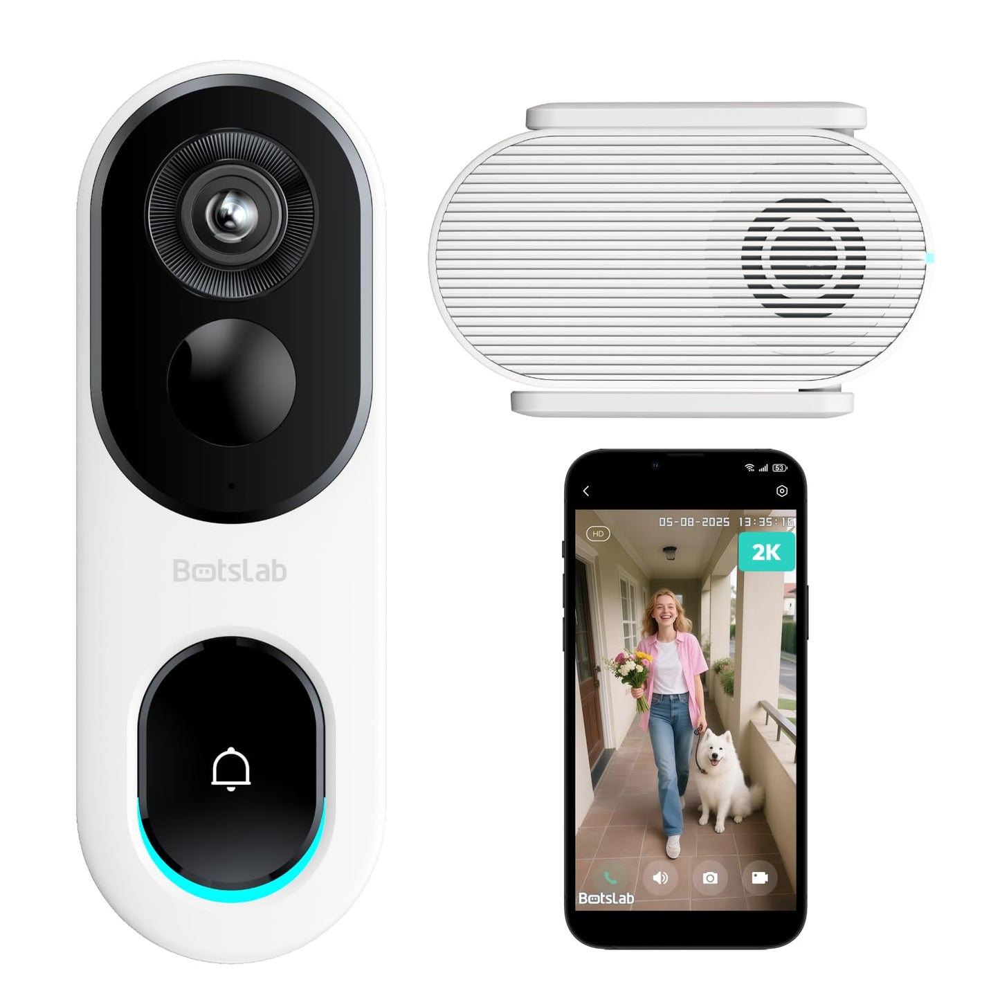 BOTSLAB 2K Video Doorbell Camera Wireless Outdoor with Head-to-Toe View, No Monthly Fee, Two Way Audio, Human Detection, Battery-Powered, 2.4G WiFi, IP66