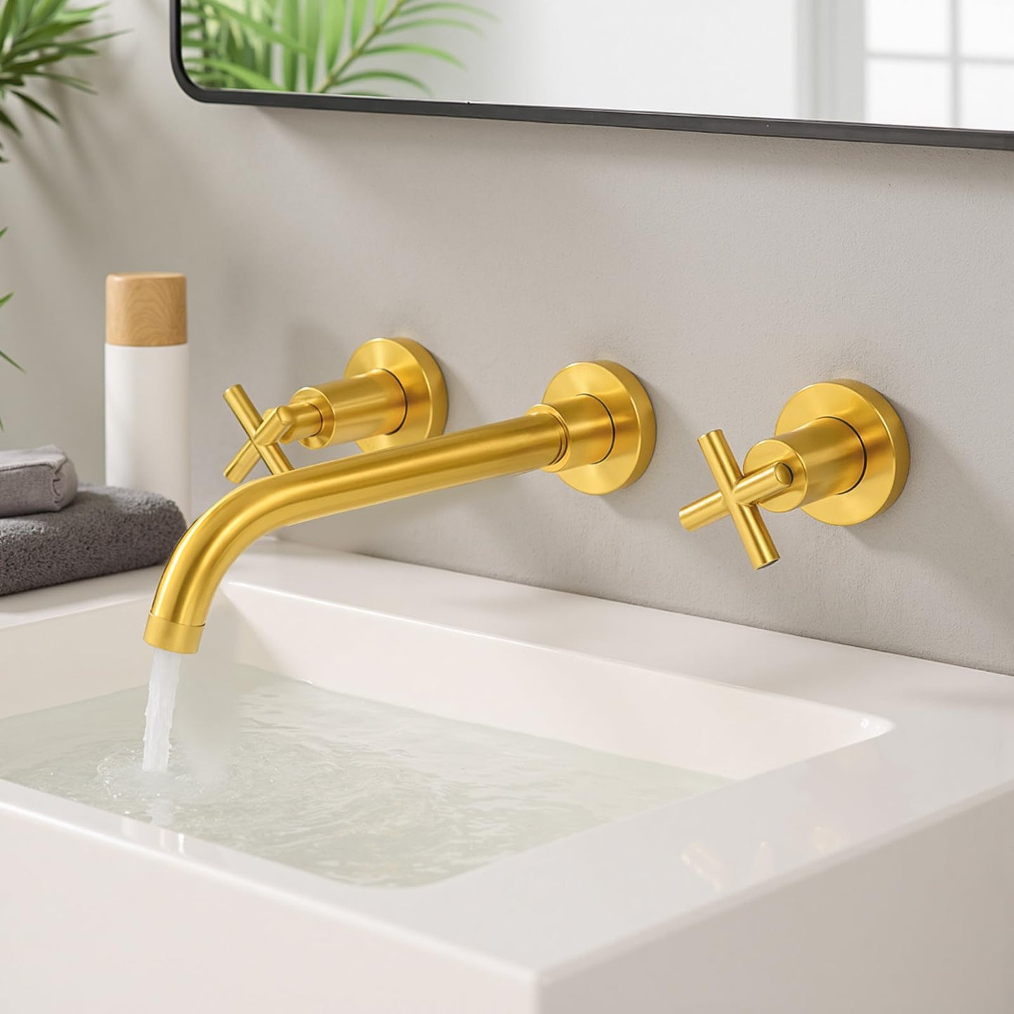 Noliven Brushed Gold Wall Mount Faucet, Brushed Brass Bathroom Sink Faucet, 2 Cross Handle Wall Mount Vessel Sink Faucet for Vanity Lavatory Sink, Wall Mounted, Rough-in Brass Valve Included