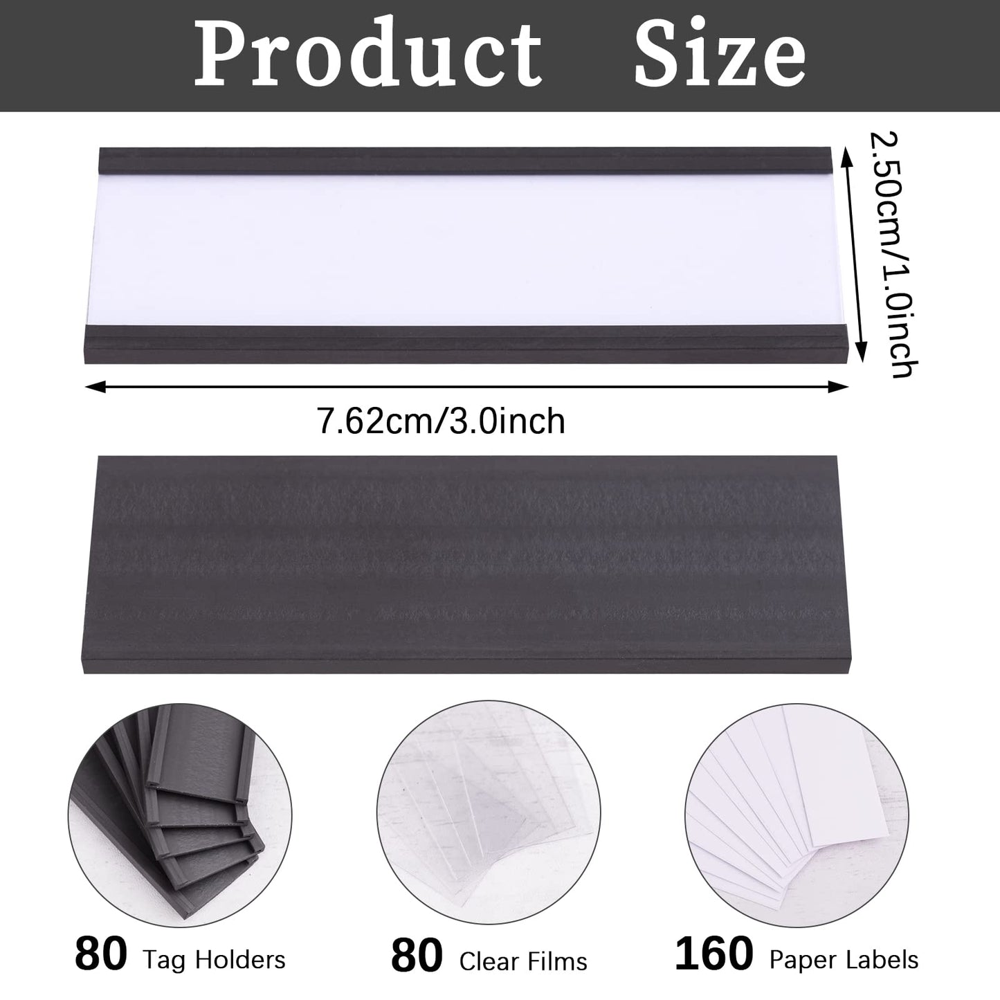 80Pcs Magnetic Label Holders, FHDUSRYO 3x1 inch “C” Channel Magnet Label Card Racks with 80 Clear Protective Films and 160 White Paper Strips for Office, Warehouse, School, Shelf, Drawer