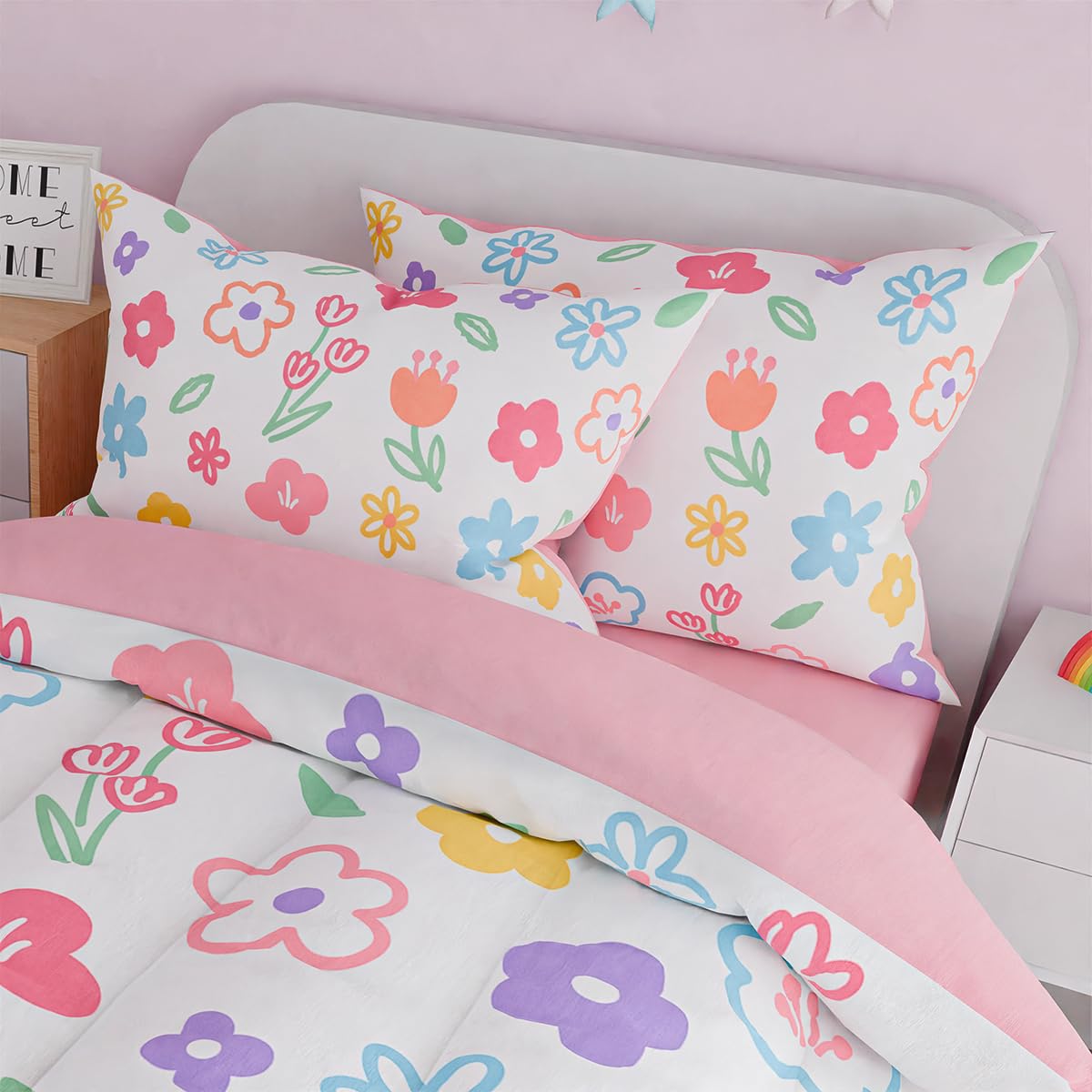 Floral Twin Bedding Sets for Girl, Ultra Soft Microfiber Comforter Bed Set with 3-Pieces, Flower Comforters Sets for Kids Children Girl Teen Tween Bedroom Décor