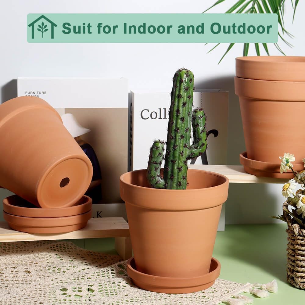 vensovo 6 Inch Clay Pot for Plant with Saucer - 4 Pack Large Terra Cotta Plant Pot with Drainage Hole, Flower Pot with Tray, Terracotta Pot for Indoor Outdoor Plant