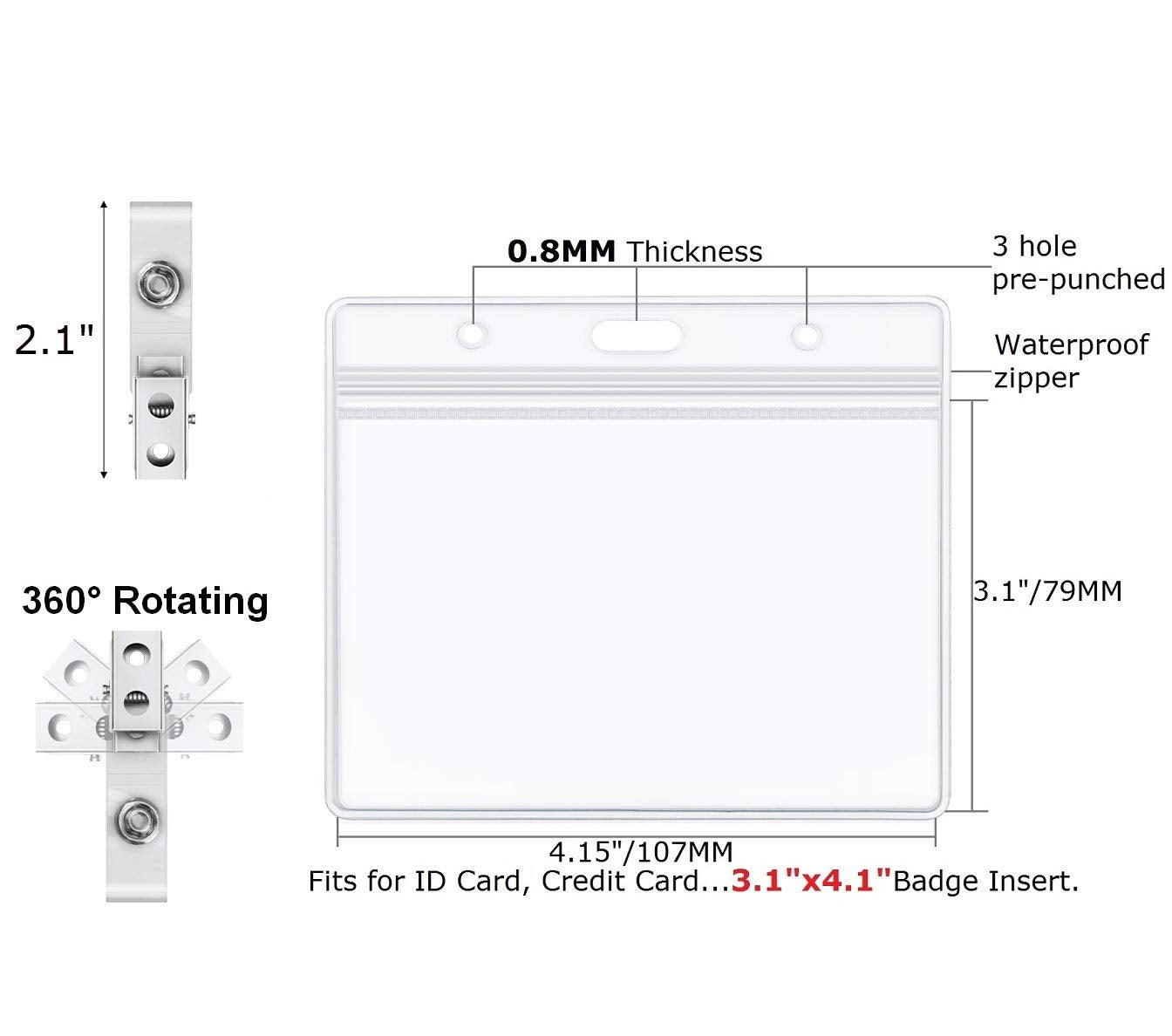 Clear Plastic Horizontal Badge Holders and Metal Badge Clips with Vinyl Straps Waterproof Name Tag PVC ID Card Holder by ZHEGUI (100 Pack, Horizontal Large 3x4)