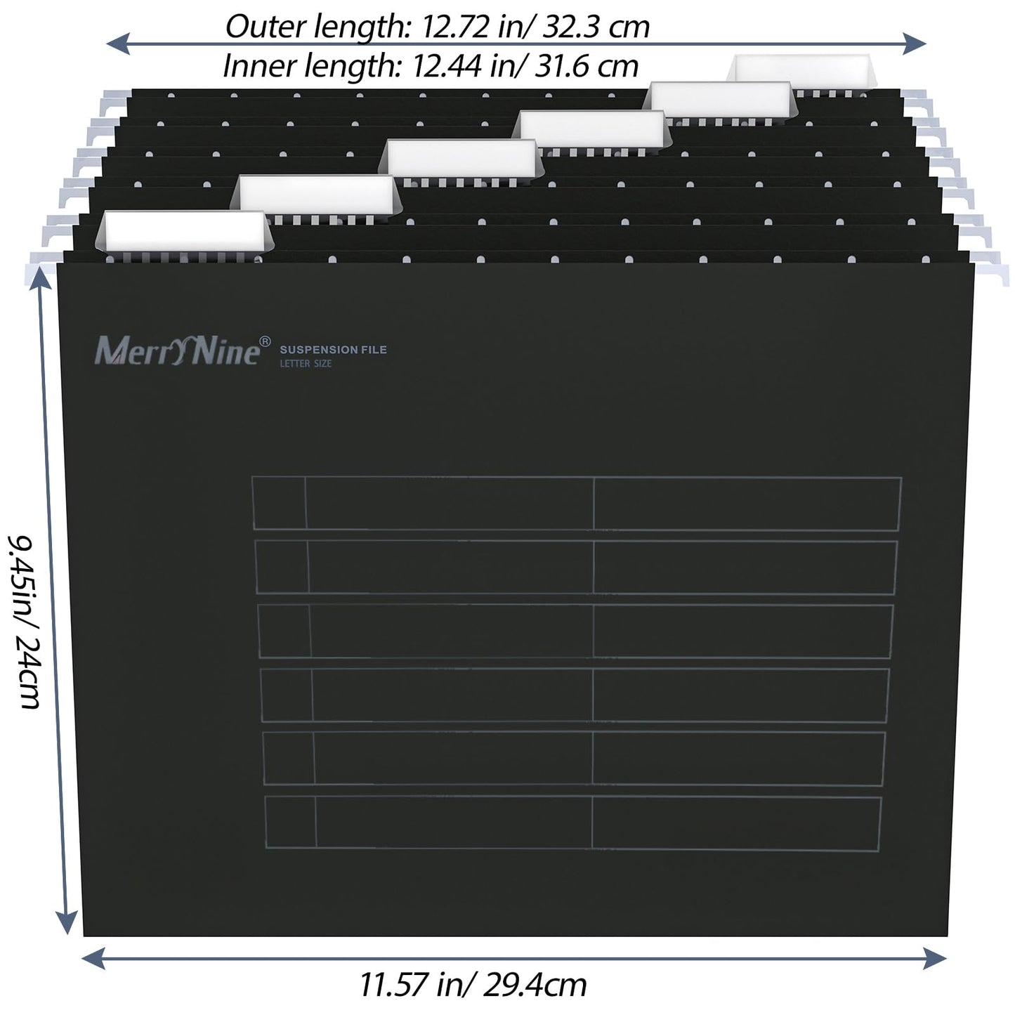 Merrynine 36pcs Black Hanging File Folders Letter Size, File Folders for Filing Cabinet with 1/5-cut Adjustable Tabs and Inserts