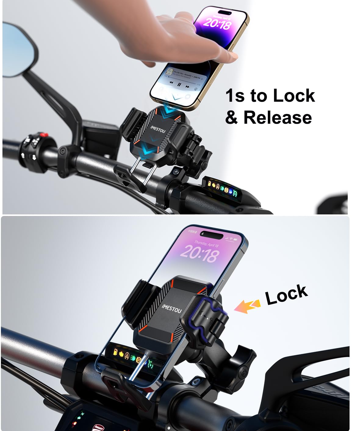 iMESTOU Anti-Vibration Phone Mount for Motorcycles and Bikes with Shock Absorbers & Anti-Theft Design, 1" Ball Phone Mount Suitable for 5.2"-7.2" Up to 15mm Thick Phones, Fits for 22-32mm Handlebars