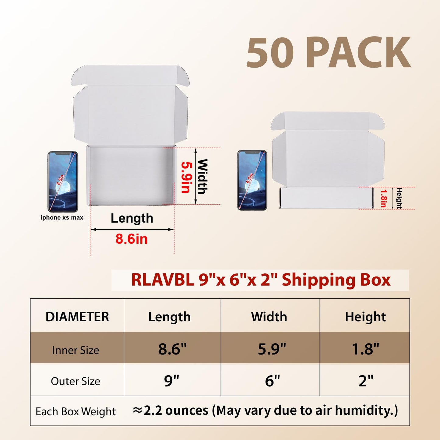 RLAVBL 9x6x2 Shipping Boxes Set of 50, White Corrugated Cardboard Box for Packing, Mailing, Business