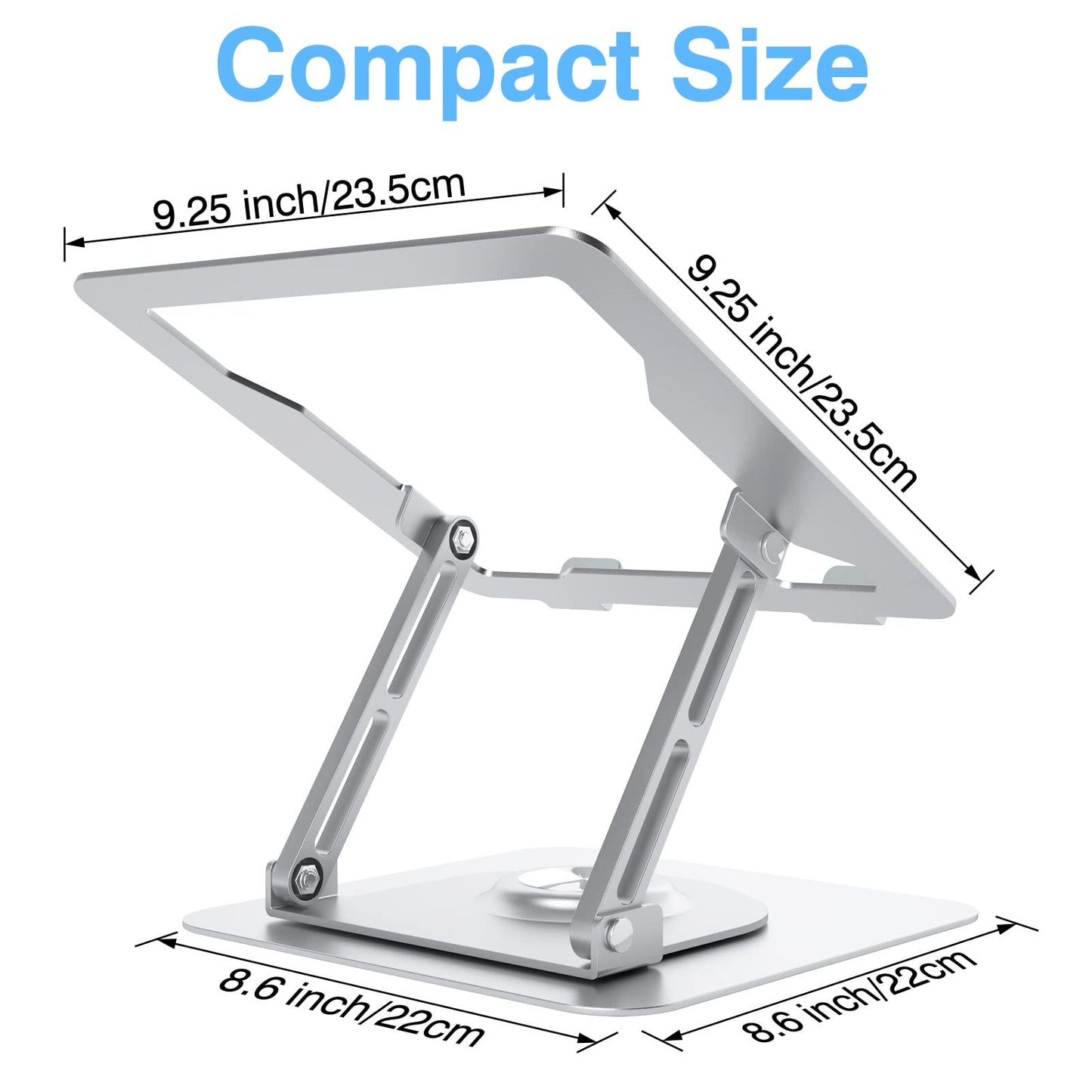 Swivel Laptop Stand for Desk, Adjustable Height Aluminum Computer Stand with 360 Rotating Base, Foldable Ergonomic Riser, Portable Laptop Holder Compatible with MacBook, All Laptops 10-17'', Chrome
