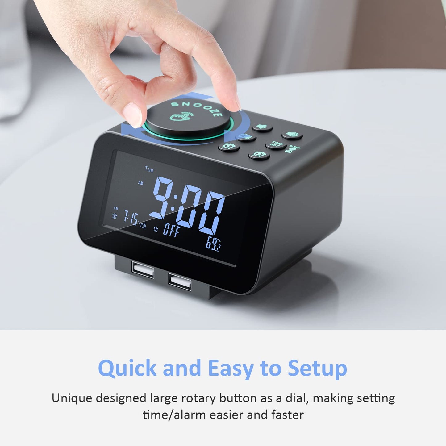 USCCE Digital Alarm Clock Radio - 0-100% Dimmer, Dual Alarm with Weekday/Weekend Mode, 6 Sounds Adjustable Volume, FM Radio w/ Sleep Timer, Snooze, 2 USB Charging Ports, Thermometer, Battery Backup