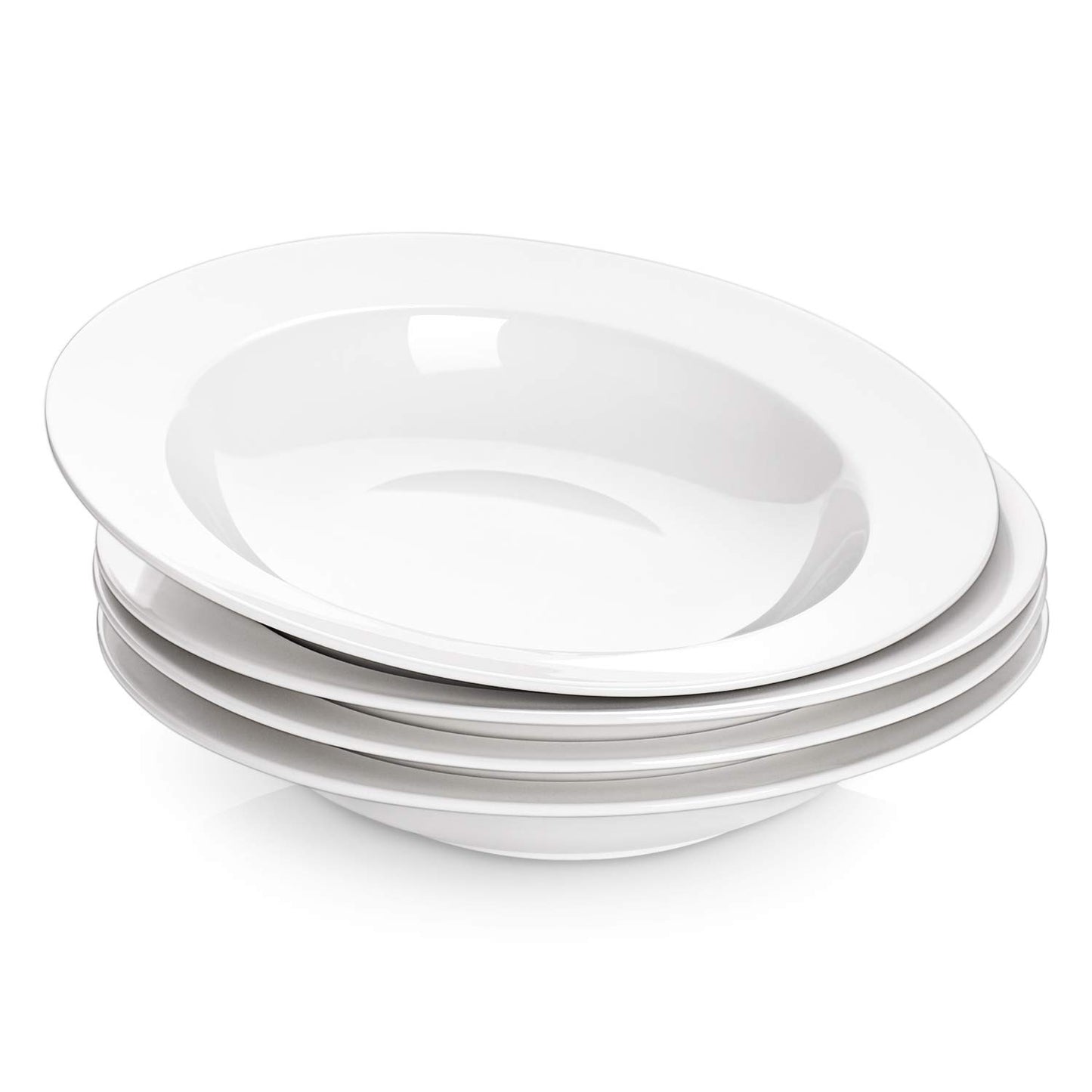DOWAN Soup and Pasta Bowls Set of 4, White Porcelain Wide Rim Salad Plates, 20 Ounces, Microwave & Dishwasher Safe
