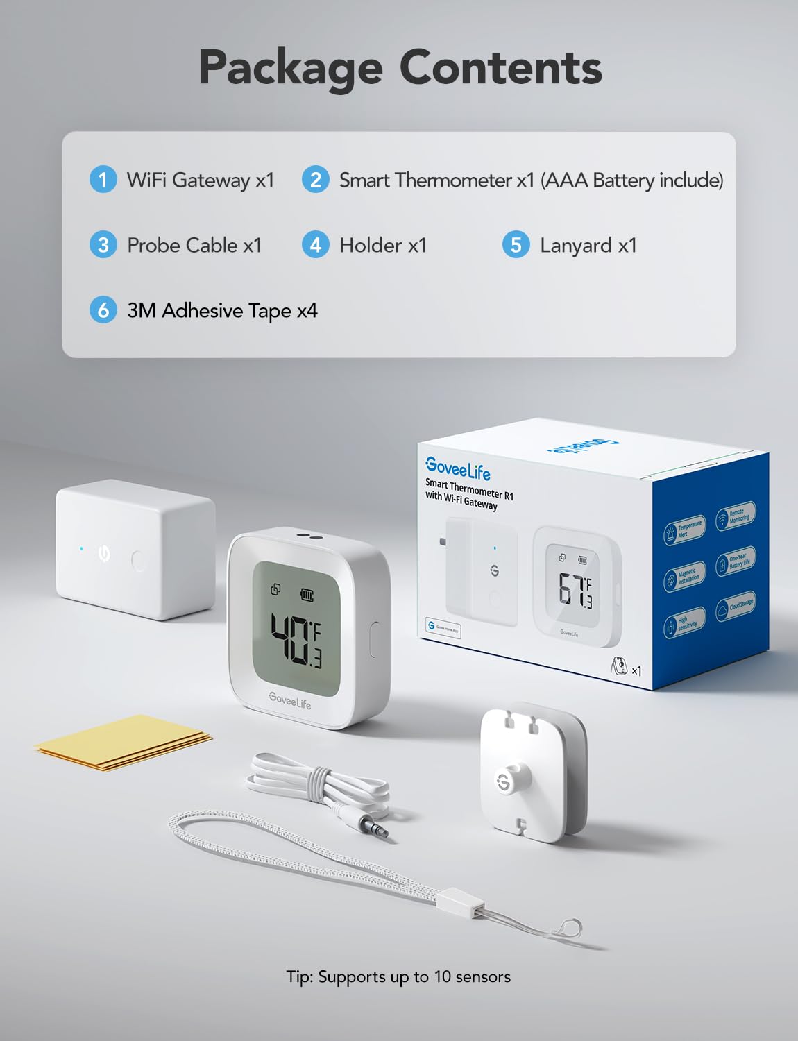 GoveeLife WiFi Refrigerator Thermometer with Alarm, Wireless Digital Freezer Temperature Gauge with App Control, LCD Display, 2 Years Free Data Export, for Fridge Hot Tub (Only Support 2.4G WiFi)