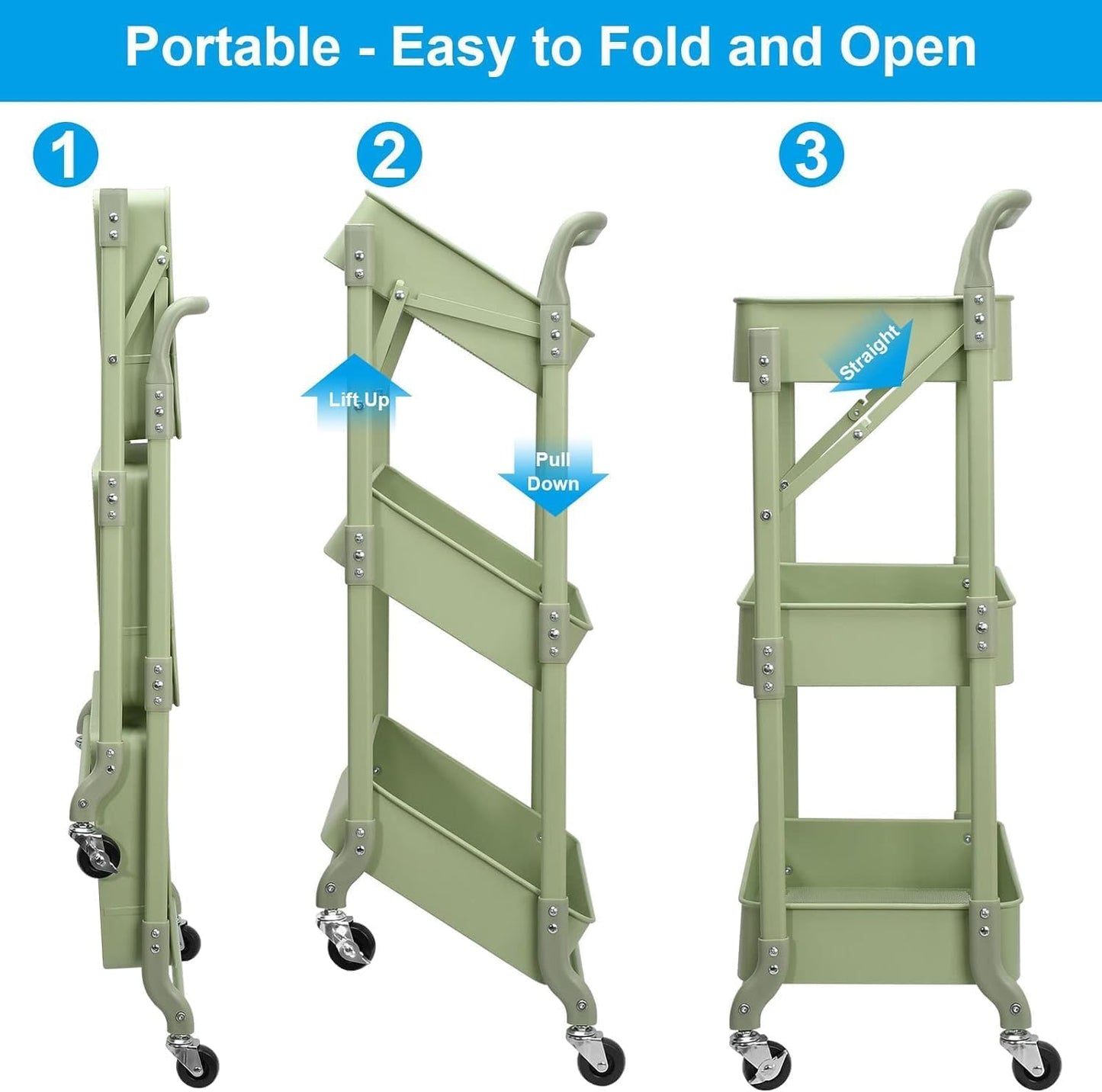 johgee Foldable 3 Tier Rolling Cart, Folding Metal Utility Cart, Mobile Multi-Function Storage Trolley Organizer Cart for Home Library Office(Green)