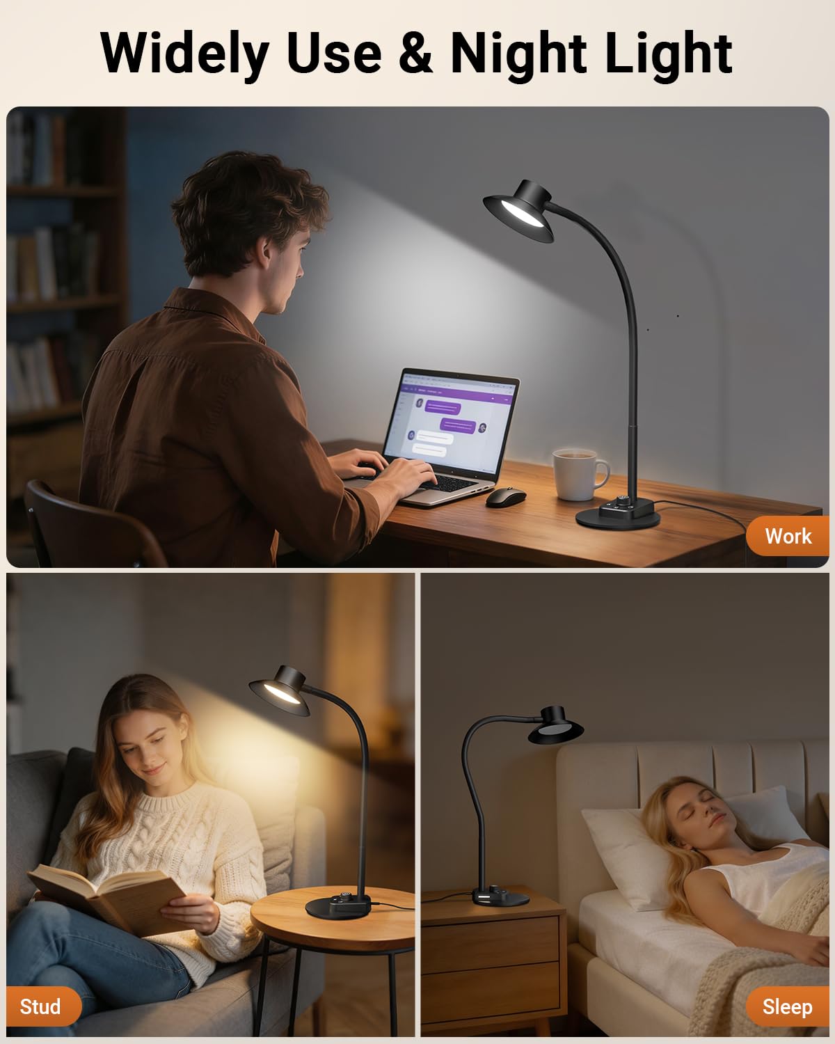Desk Lamp,Eye-Caring Dimmable Bedside lamp with Dual USB Charging Port, 5 Light Modes & Stepless Dimming, 1400LM Desk Light with Flexible Neck for Home, Office, Bedroom, Reading, Work, Study,12V 2A