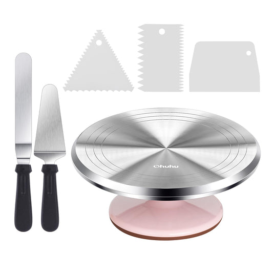 Ohuhu 12 Inch Cake Turntable - 360° Rotating Aluminum Cake Stand Decorating Kit with 2 Icing Spatulas & 3 Smoother Tools, Professional Baking Supplies for Home, Parties, Picnics, Gift for Mother
