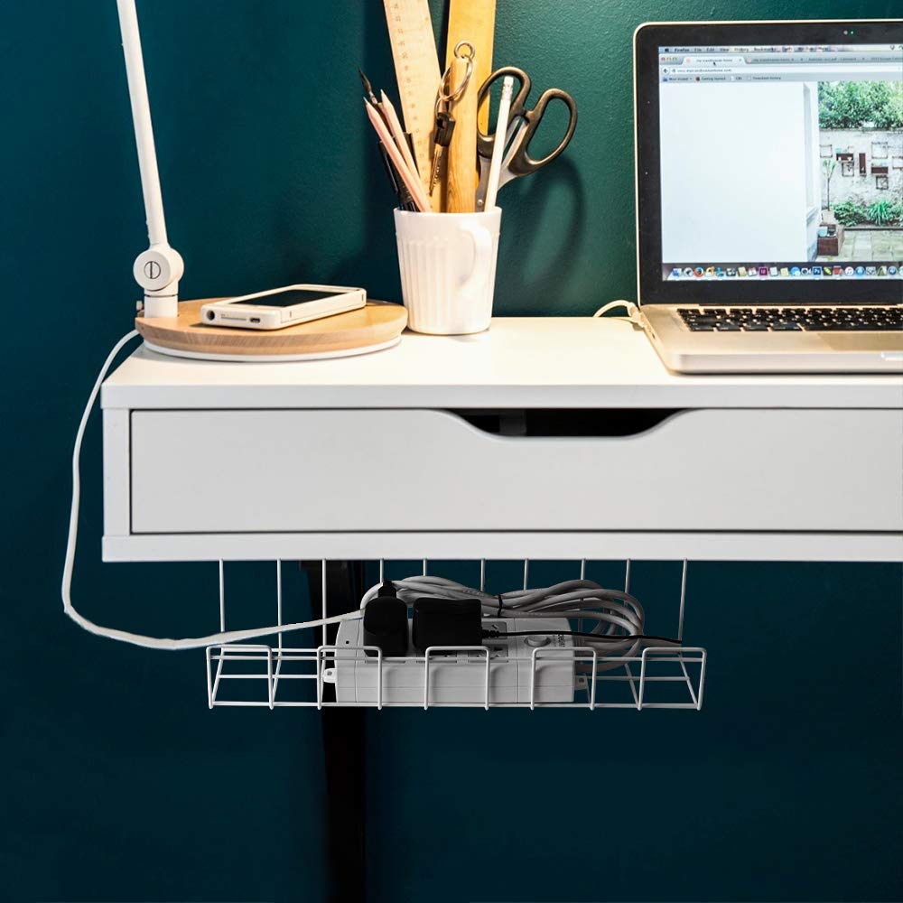 2 Packs Cable Management Tray, 40cm Under Desk Organizer for Wire Organization, Metal Holder for Desktop Computer Home Office Kitchen Workstation to Cover and Hide Power Strips