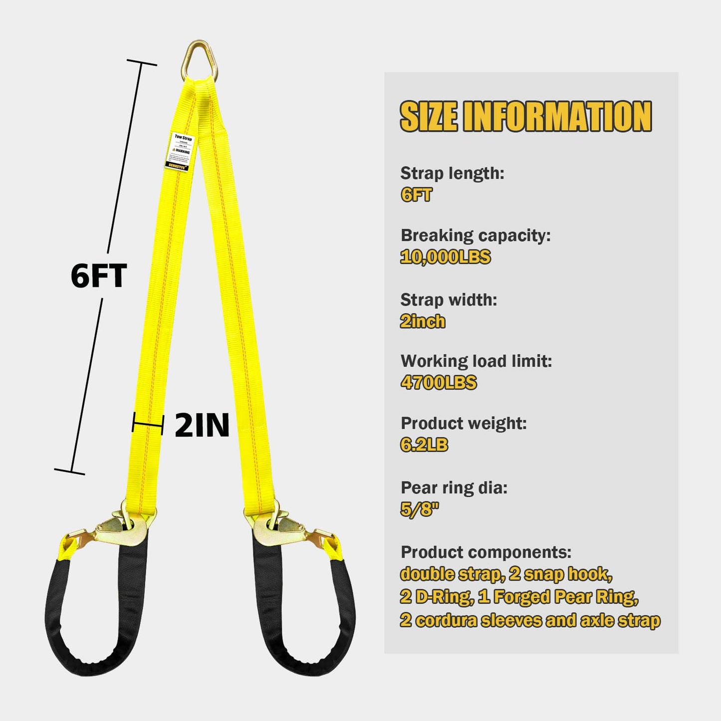 SENKEYFE Axle V-Bridle Tow Strap, 2" x 6' Axle Tie Down Straps 4700LBS, with Snap Hooks Cordura Sleeve and Axle Straps, D Ring Middle, ATV Car Truck Recovery Tow Trailer Strap