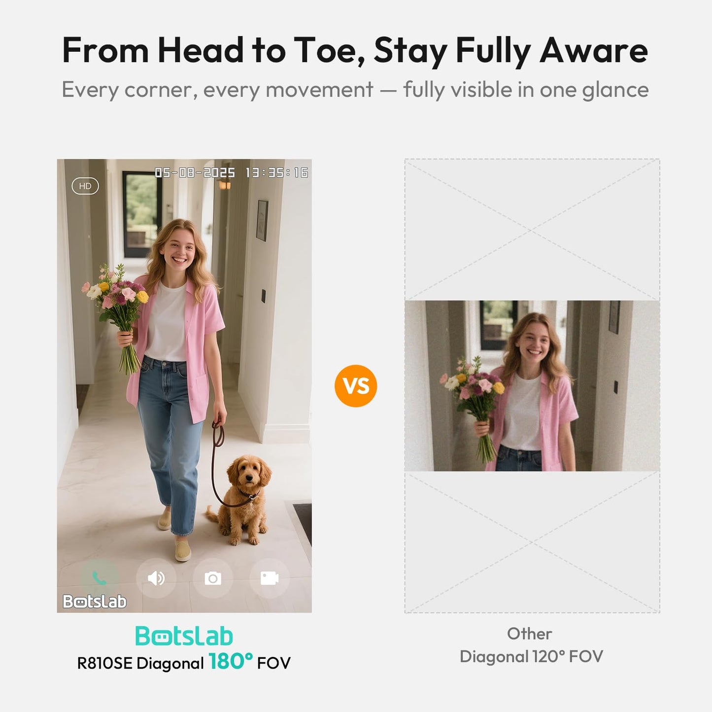 BOTSLAB 2K Video Doorbell Camera Wireless Outdoor with Head-to-Toe View, No Monthly Fee, Two Way Audio, Human Detection, Battery-Powered, 2.4G WiFi, IP66