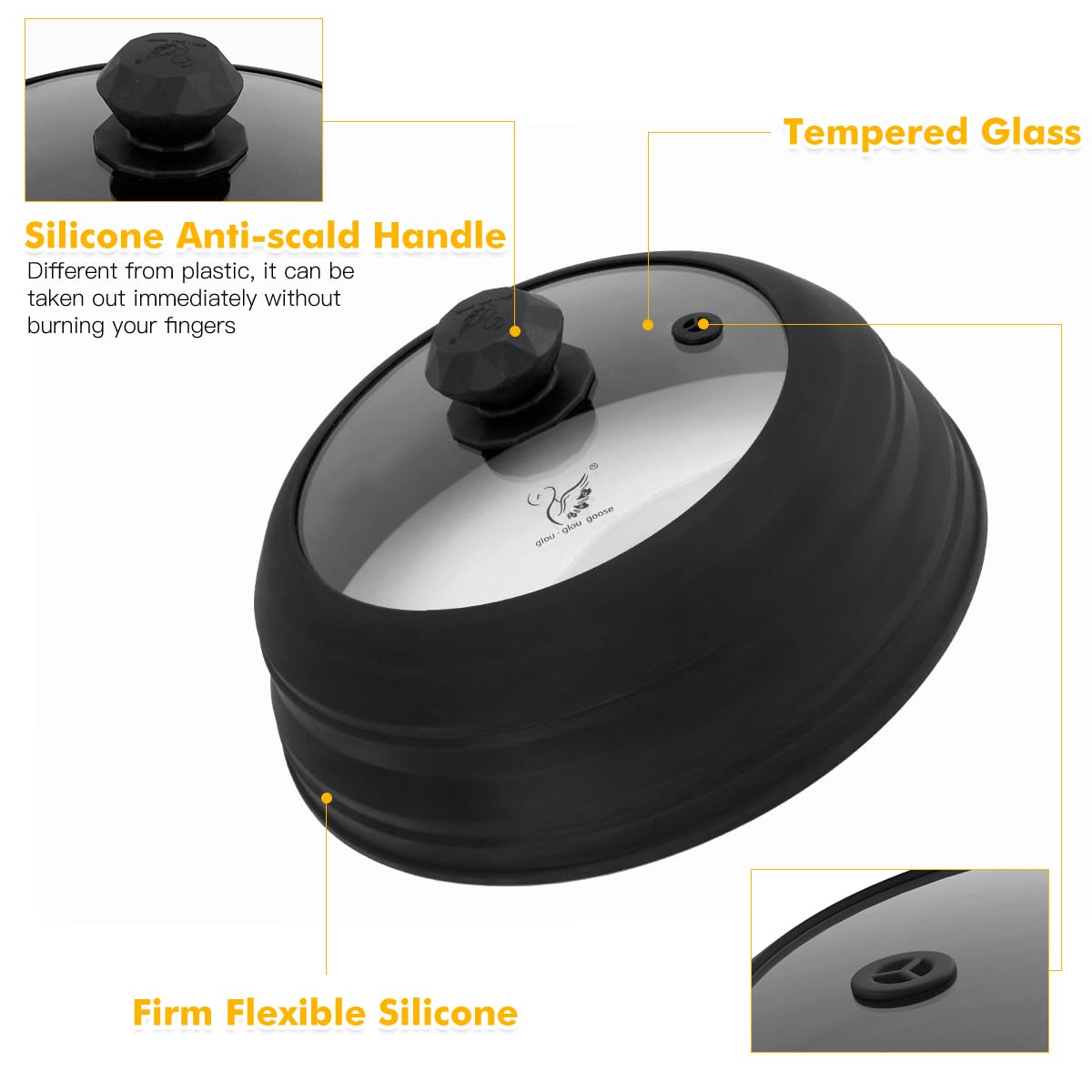 Microwave Splatter Cover Vented Glass Cover Splatter Guard Lid with Collapsible Silicone for Food as Pot Cover Plate Cover 10.8 inch for 6 7 8 9 10 inch Plate Bowl Black