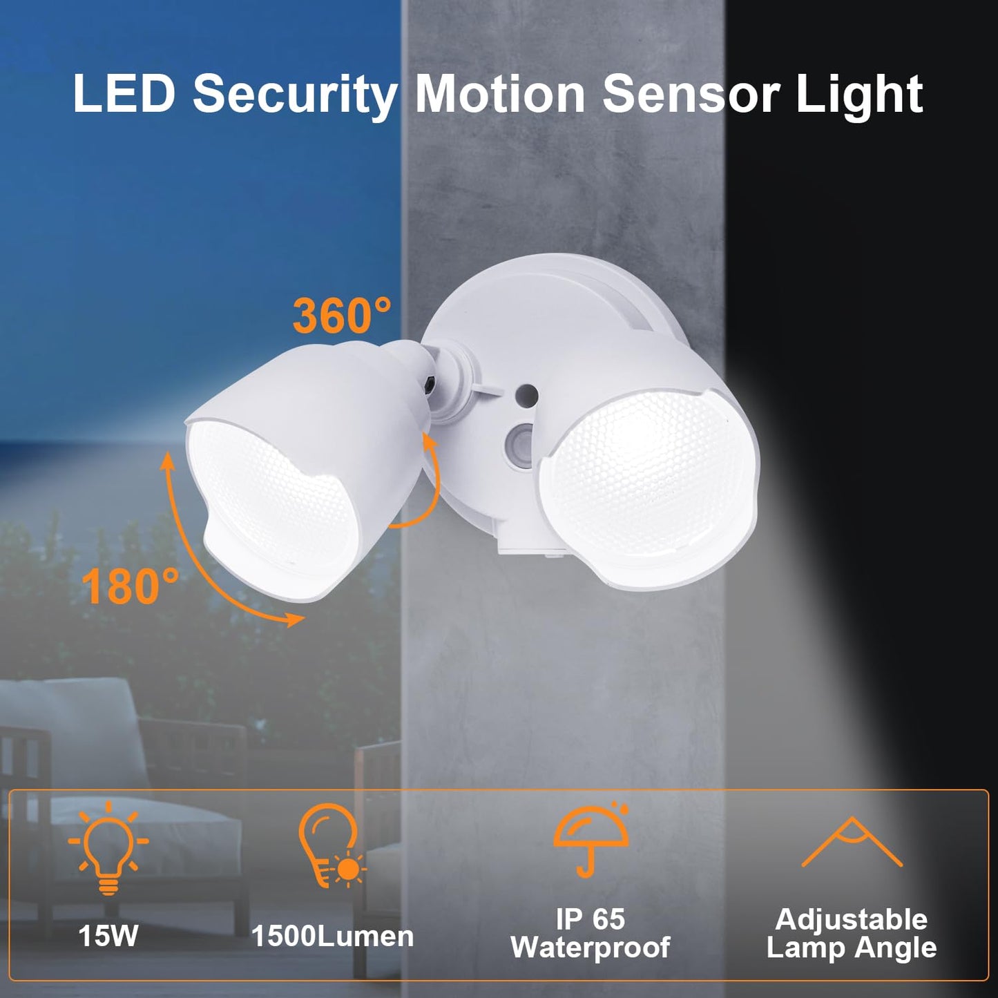 CELAVY 15W LED Flood Light Outdoor, 1500 Lumen Exterior Security Lights, 3000K/5000K Light, IP65 Waterproof, Dual-Head Wall/Eave Mount Flood Light Energy Saving for Garage, Patio, Yard (White)