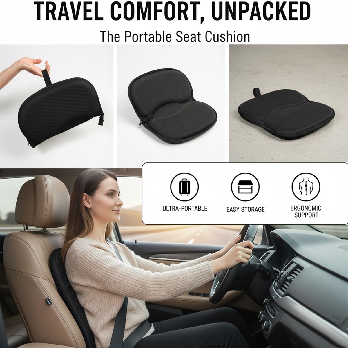 Foldable Honeycomb Seat Cushion with Zipper & Handle, Portable Gel Seat Cushion with Ventilative Cover & Anti-Skid Bottom, Portabl Cushion for Travel 15.8x13.3x1.4 Inches (Black)