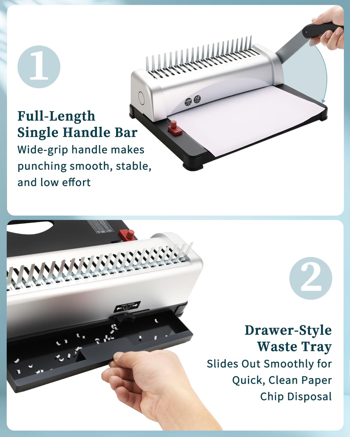 ATPEAM Comb Binding Machine 21-Holes 450 Sheets Capacity with 100 PCS 3/8'' Spines Comb Binding Machine for Letter Size, A4, A5