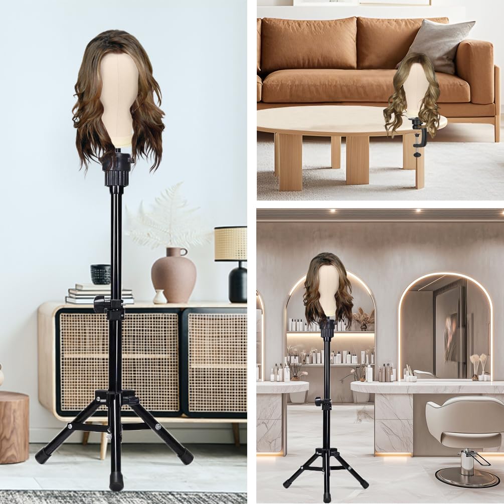 22 Inch Wig Head (White), Wig Stand Tripod with Head, Canvas Block Head Mannequin Head Stand Wig Display Styling Head With Mount Hole, Manikin Canvas Head Block Set for Wigs Making Display with Wig Caps, T Pins C Pins Set Bristle Brush