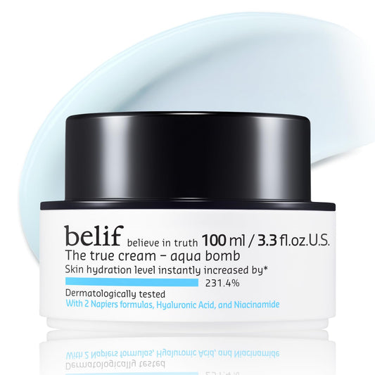belif The True Cream Aqua Bomb 100ml, Daily Lightweight Facial Moisturizer, Hydrating & Plumping Face Cream, Hyaluronic Acid, Niacinamide, Squalane, For All Skin Types, No Mineral Oil Korean Skin Care