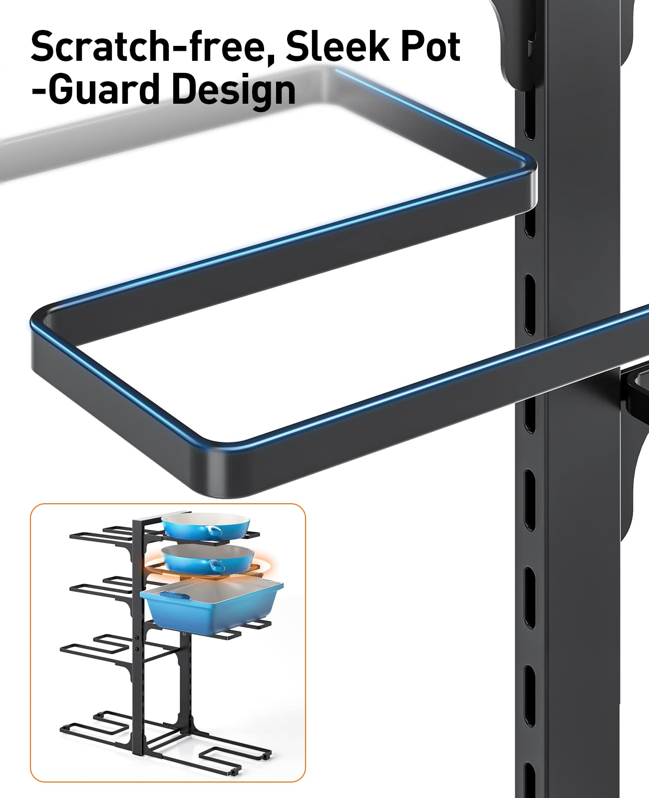 ORDORA Pots and Pans Organizer under Cabinet, 20.8" Height Heavy Duty 120LBS Pots Pans Organizer Rack for under Cabinet 8-Tier Adjustable for Big Stockpots, Dutch Oven, Cast-iron Pans, Heavy Cookware
