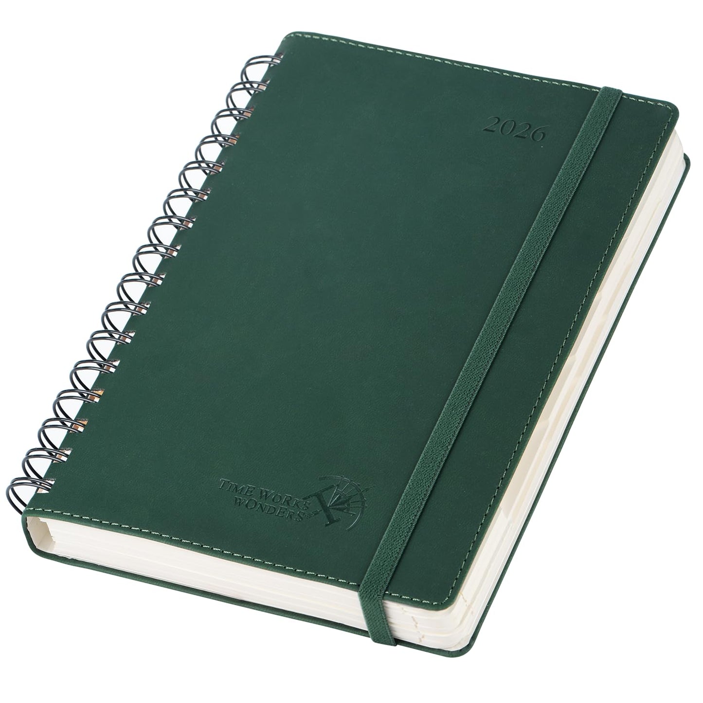 POPRUN 2026 Daily Agenda One Page per Day (Medium 6'' x 8.5'') - 12 Months Planner Appointment Book with Hourly Slots, Inner Pocket, Monthly Tabs, Pen Holder - Forest Green
