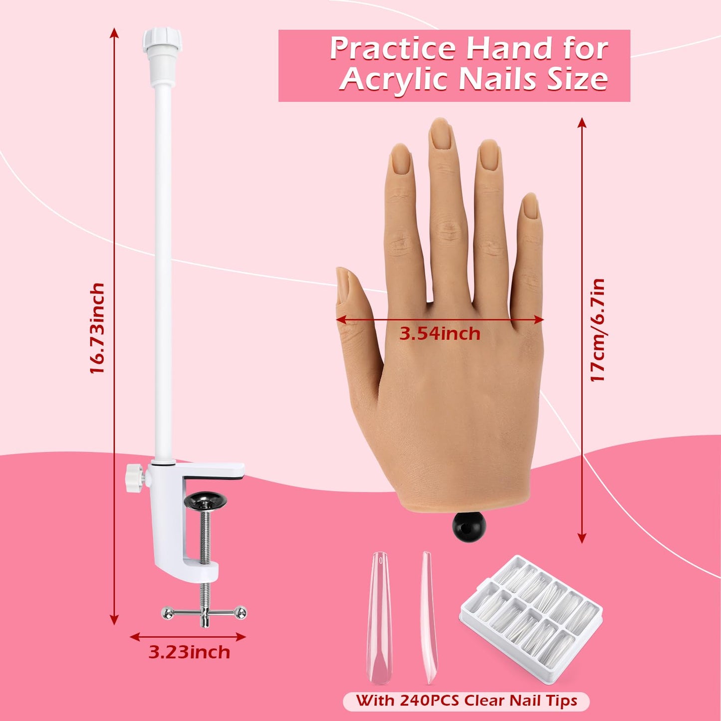 Silicone Practice Hand for Acrylic Nails,Flexible Bendable Nail Training Practice Hand,Life Size Soft Nail Mannequin Hand for Nails Practice Nail Tools Kit with 100pcs Practice Nail Tips,Clipper,File