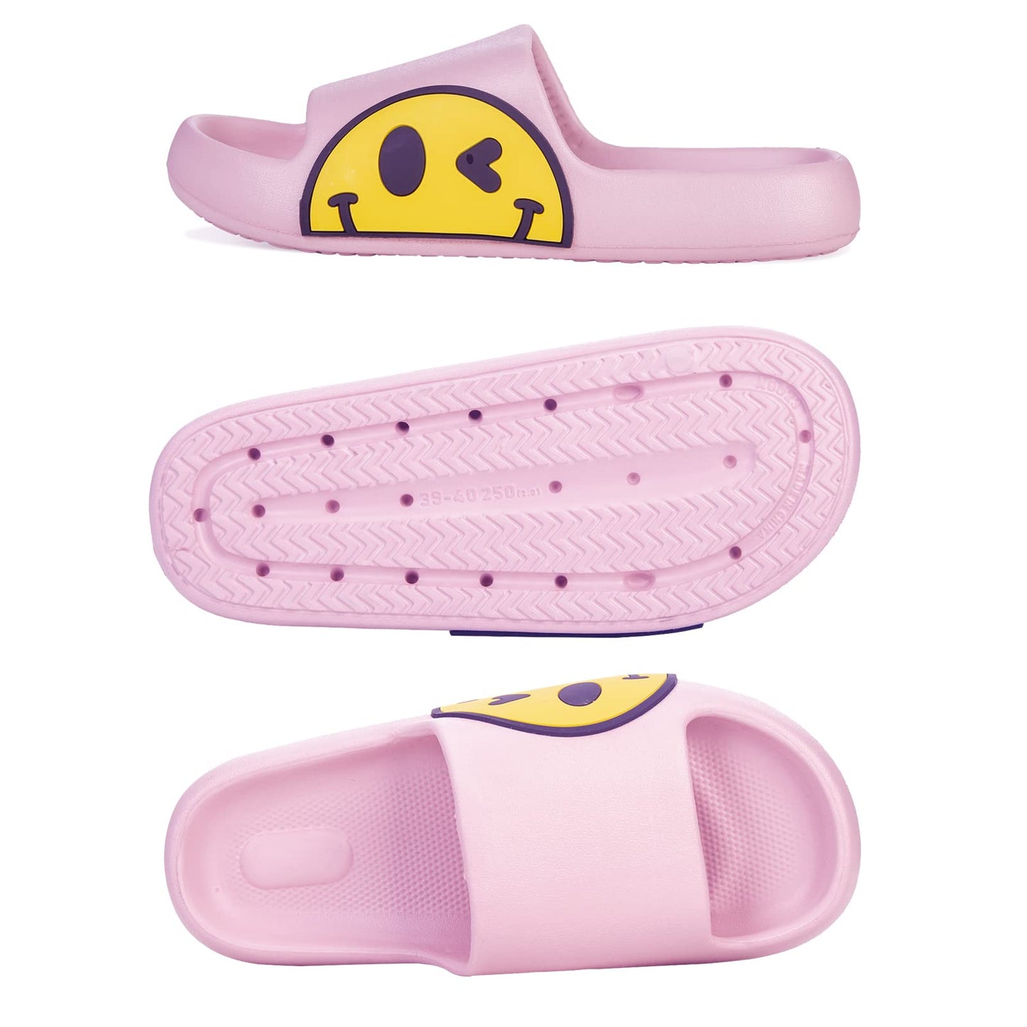 Uonesone Womens Slides,Pillow Slippers Sandals for Men,Unisex Non slip Quick Dry Shower Shoes Indoor Outdoor Open Toe Spa Bath Pool Gym House Casual Massage Smile Face Slippers, Pink, 5-6