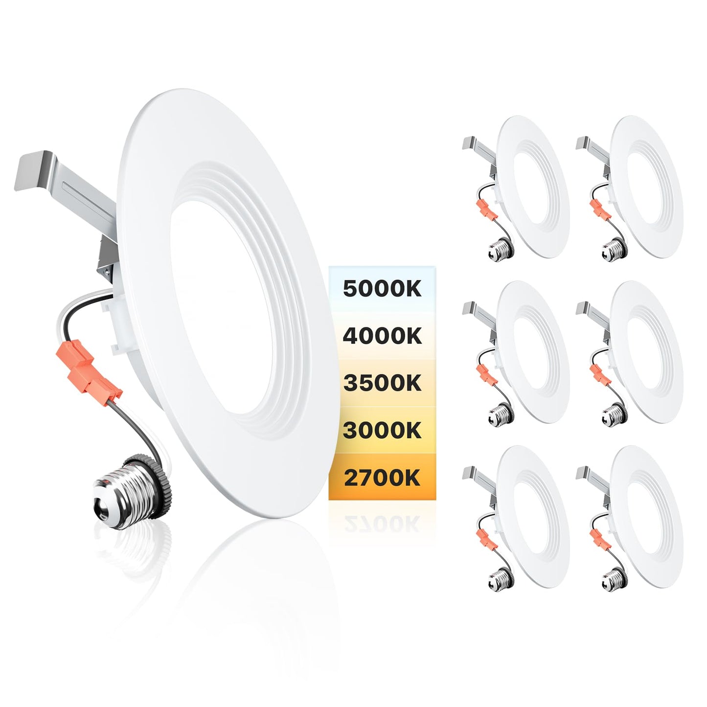 Ensenior 5/6 Inch 5CCT LED Pot Lights 6 Pack, Retrofit Recessed Led Ceiling Lighting, Baffle Trim, Dimmable, 9W=110W, 1000LM, 2700K/3000K/3500K/4000K/5000K Selectable, IC Rated - FCC (6, 6 Inch)