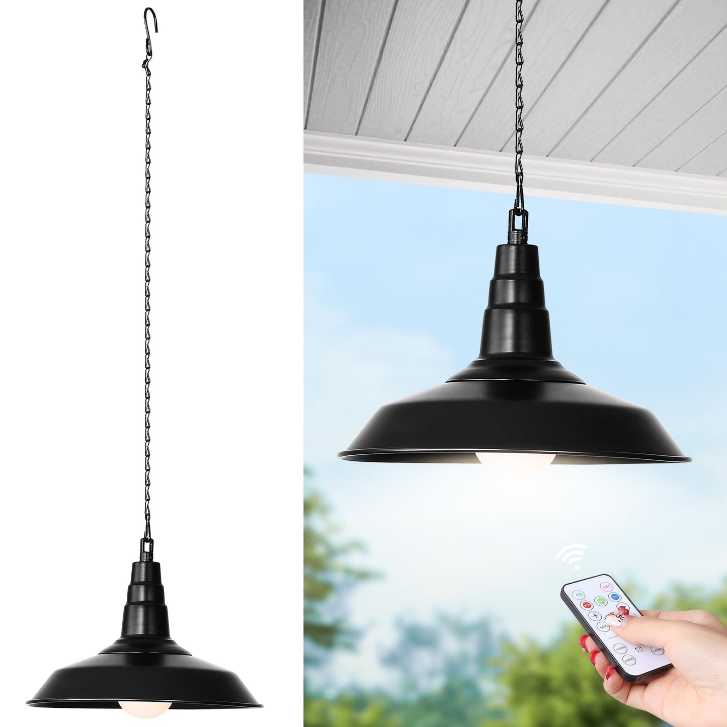 HOJOYRI 1 Pack Black Battery Operated Hanging Outdoor Chandelier, Rechargeable Portable Wireless Pendant Lights with Remote, Battery Powered Hanging Lamp Lantern for Indoor Outdoor Porch Patio Gazebo