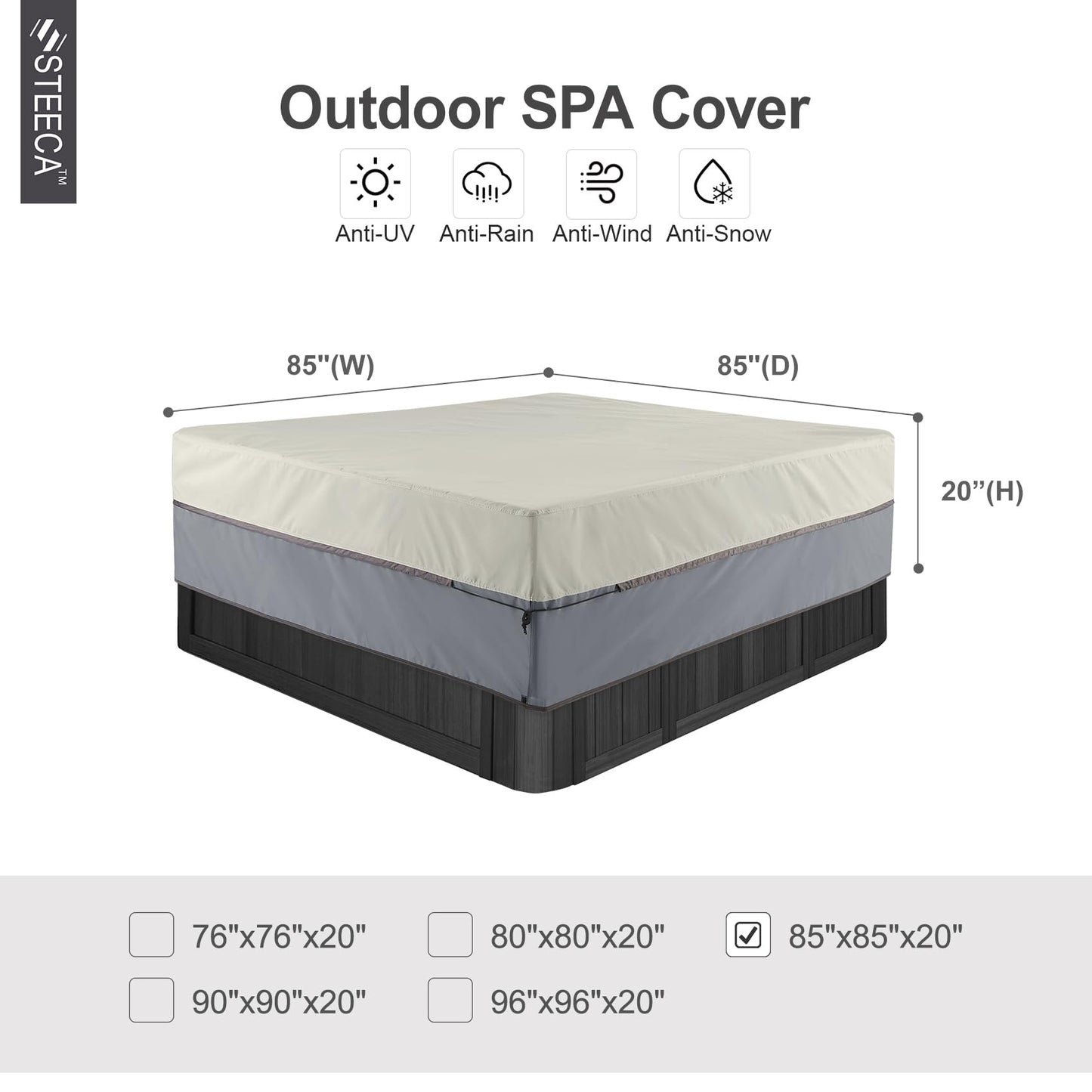 STEECA Waterproof Hot Tub Cover Outdoor Square SPA Hard Cover Protector 85 x 85 x 20H inch