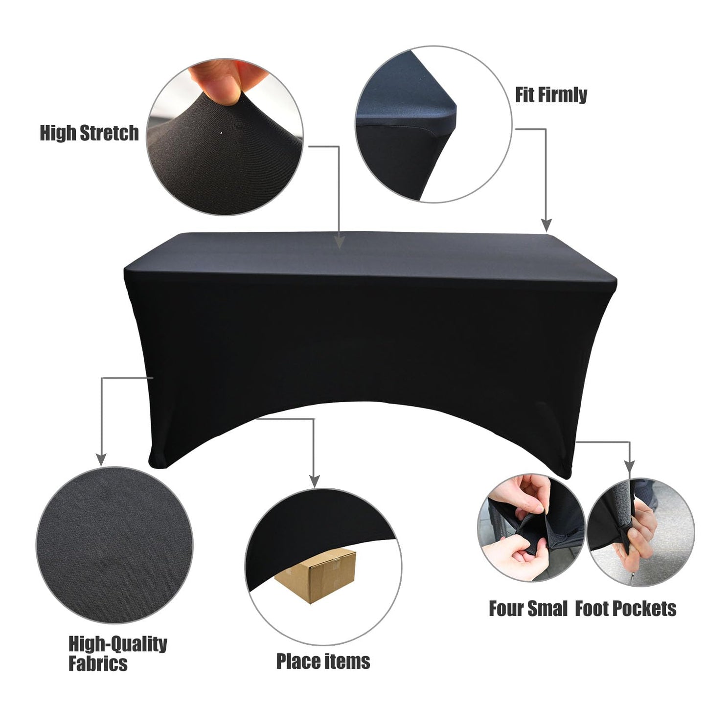 6 Pack - Elegant Black Stretch Spandex Table Cover (72Lx30Wx30H Inches), Non-Iron Fitted Tablecloth for 6-Foot Rectangular Folding Tables -Ideal for Banquets, Weddings & Festivals