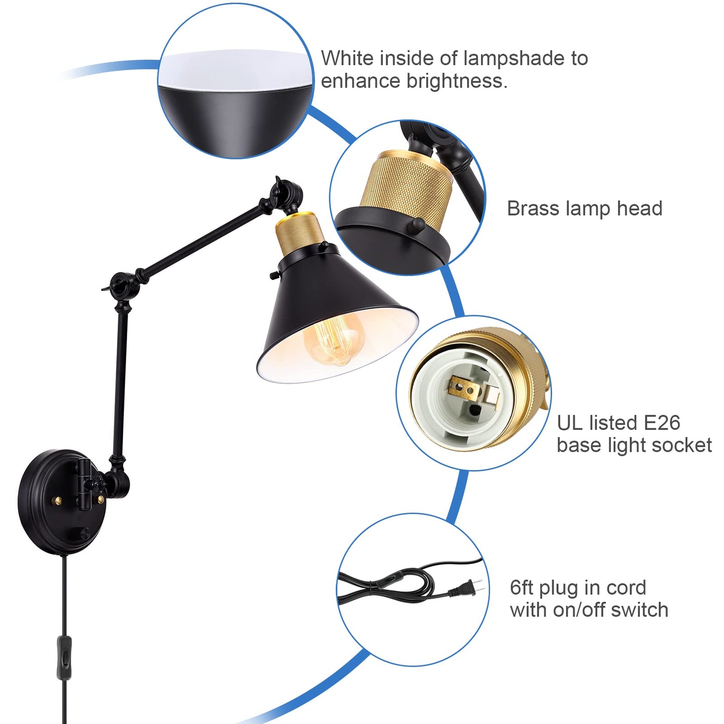 TRLIFE Wall Sconce Plug in, Dimmable Wall Sconce with Switch Swing Arm Wall Lights Plug in Wall Mounted Light with 6FT Plug in Cord(Two Arms, 1 Pack)