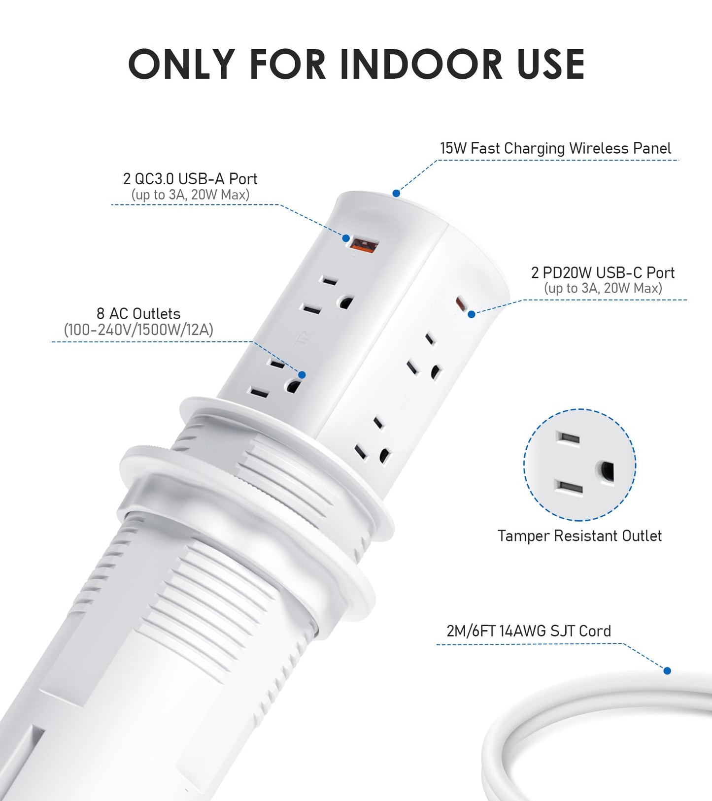 ANNQUAN 3" Pop Up Countertop Receptacle with 4 USB Ports 15W Wireless Charger,Max 20W Power Delivery Pop Up Outlet for Home Office Kitchen(White)