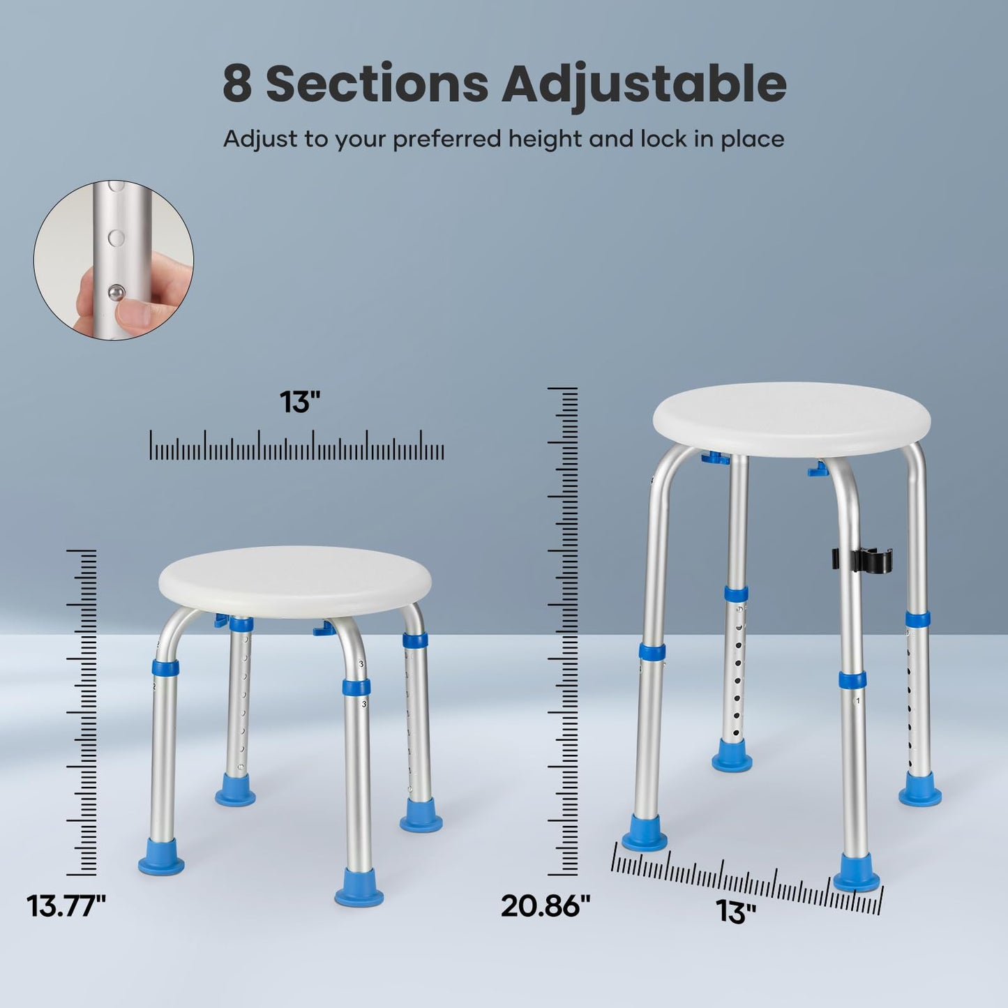 Careboda Adjustable Bath Chair for Inside Shower, Shower Stool with Upgraded Stainless Steel, Tool-Free Assembly, 8 Adjustable Heights for Seniors, Elderly, Pregnant, Handicap & Disabled Blue