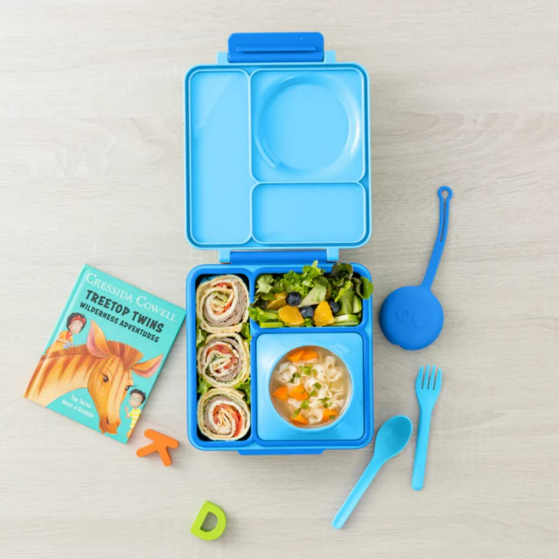Omie OmieBox Bento Box for Kids - Insulated Lunch Box with Leak Proof Food Jar - 3 Compartments, 2 Temperature Zones (Blue Sky)