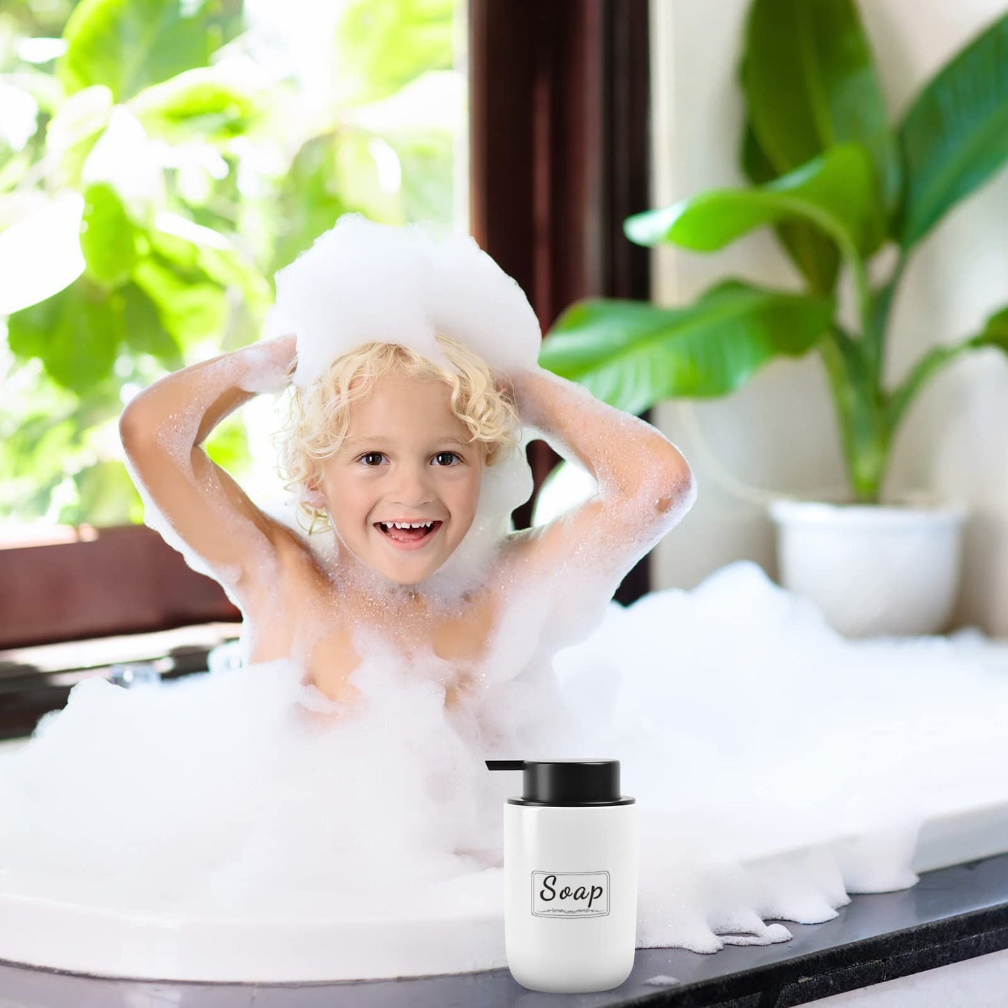 BosilunLife Soap Dispenser Set - Ceramic Hand Soap Dispenser 12oz Set with Rust Proof Pump, 4Pcs Clear Stickers for Kitchen, Bathroom - 2 Pack