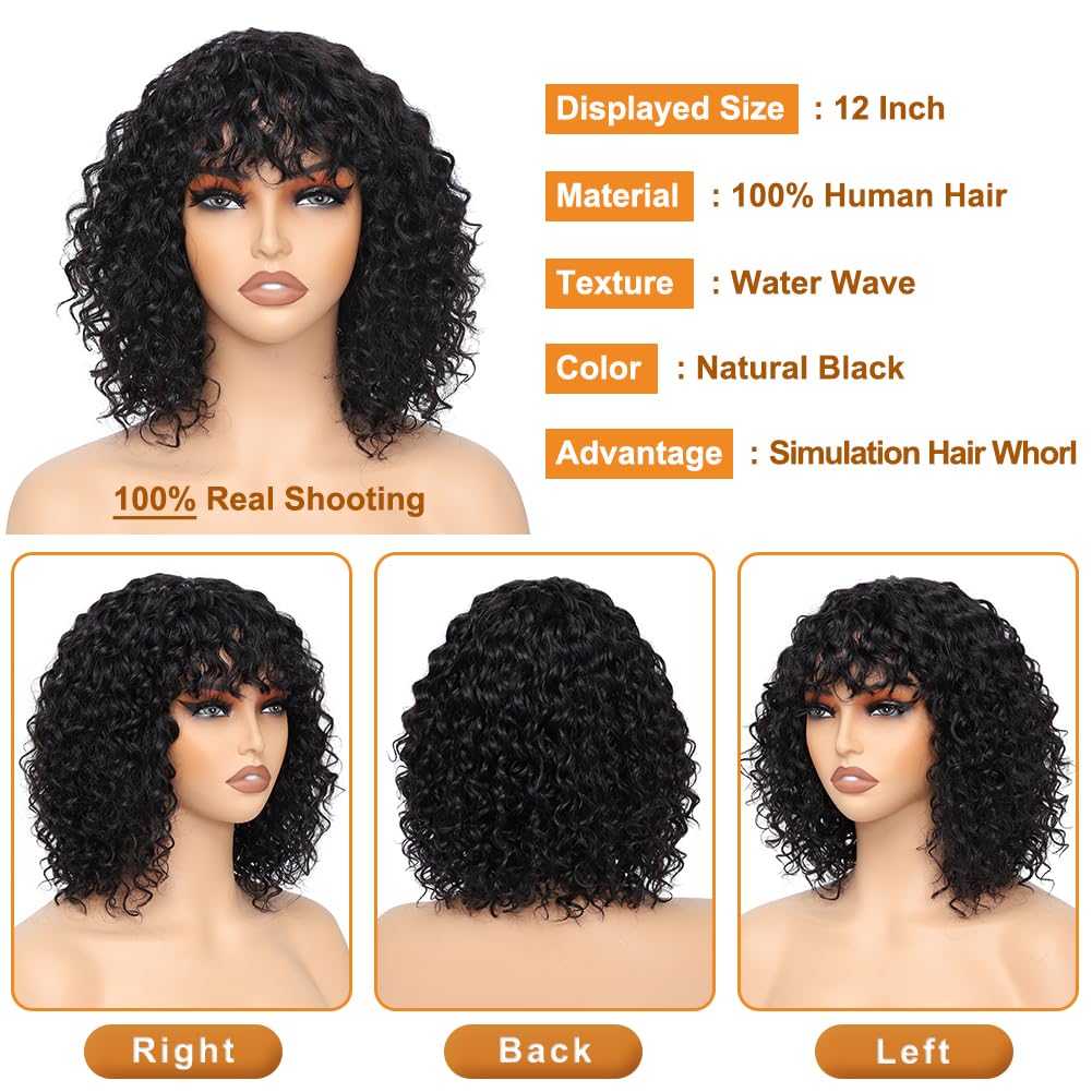 ALISFEEL Short Water Wave Human Hair Wig with Bangs Brazilian Non Lace Front Wig Human Hair for Black Women 150% Density Natural Black Glueless Curly Bob Wigs with Bangs (12 Inch)