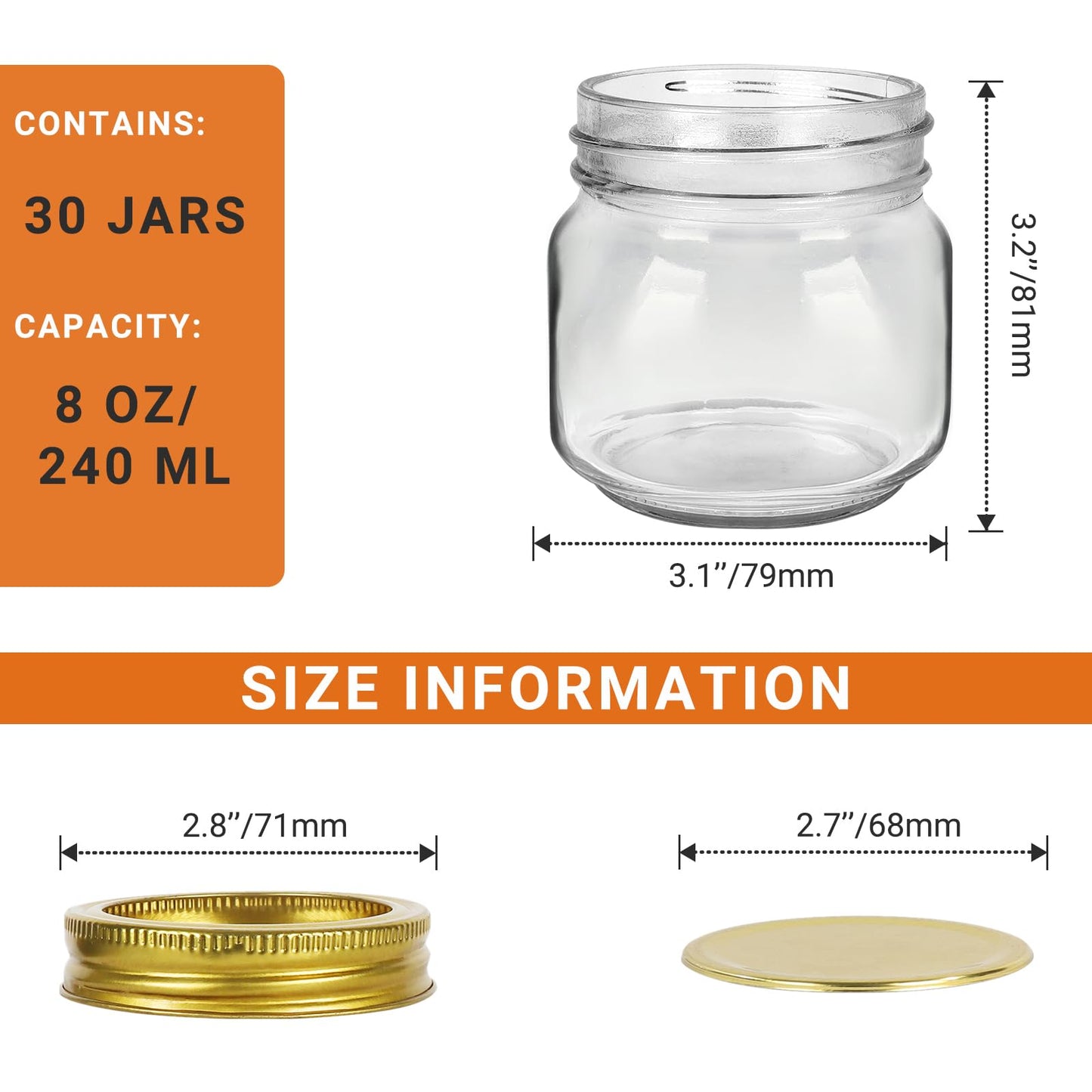 Betrome 8 oz Mason Jars, 30 Pack 240ml Glass Canning Jars with Regular Mouth Lids, Glass Storage Containers for Overnight Oats, Jam, Jelly, Honey, Beans, Spice, Wedding Party Favor, Shower Favor
