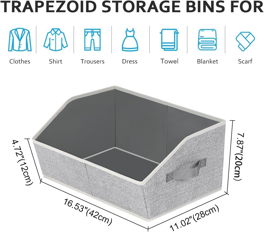 DIMJ Closet Organizers Bins Shelves - 6 Pack Foldable Storage Baskets with Handles, Fabric Trapezoid Storage Bin Organization for Clothes,Towels, Ant Grey