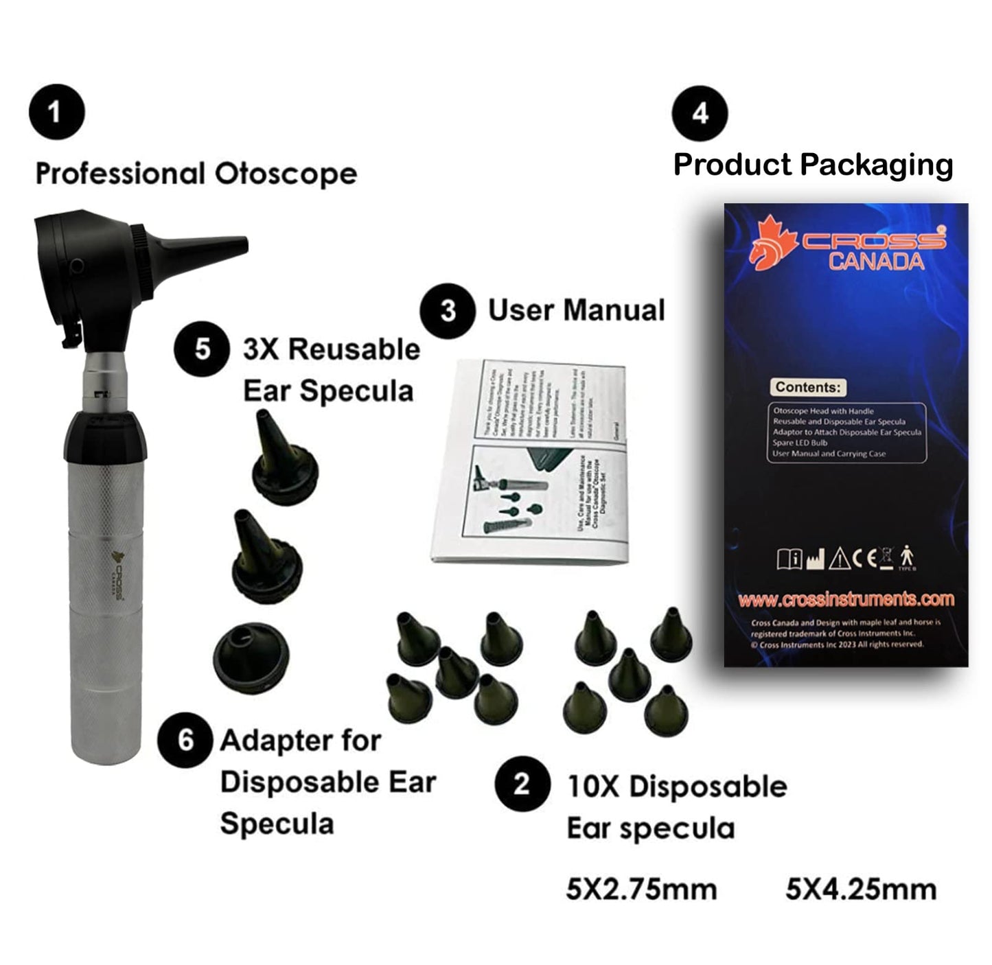 Cross Canada Physician LED Otoscope Diagnostic Set – Professional Otoscope for Physician, Medical Student, Nursing Student, Doctor, Nurse (Chrome)