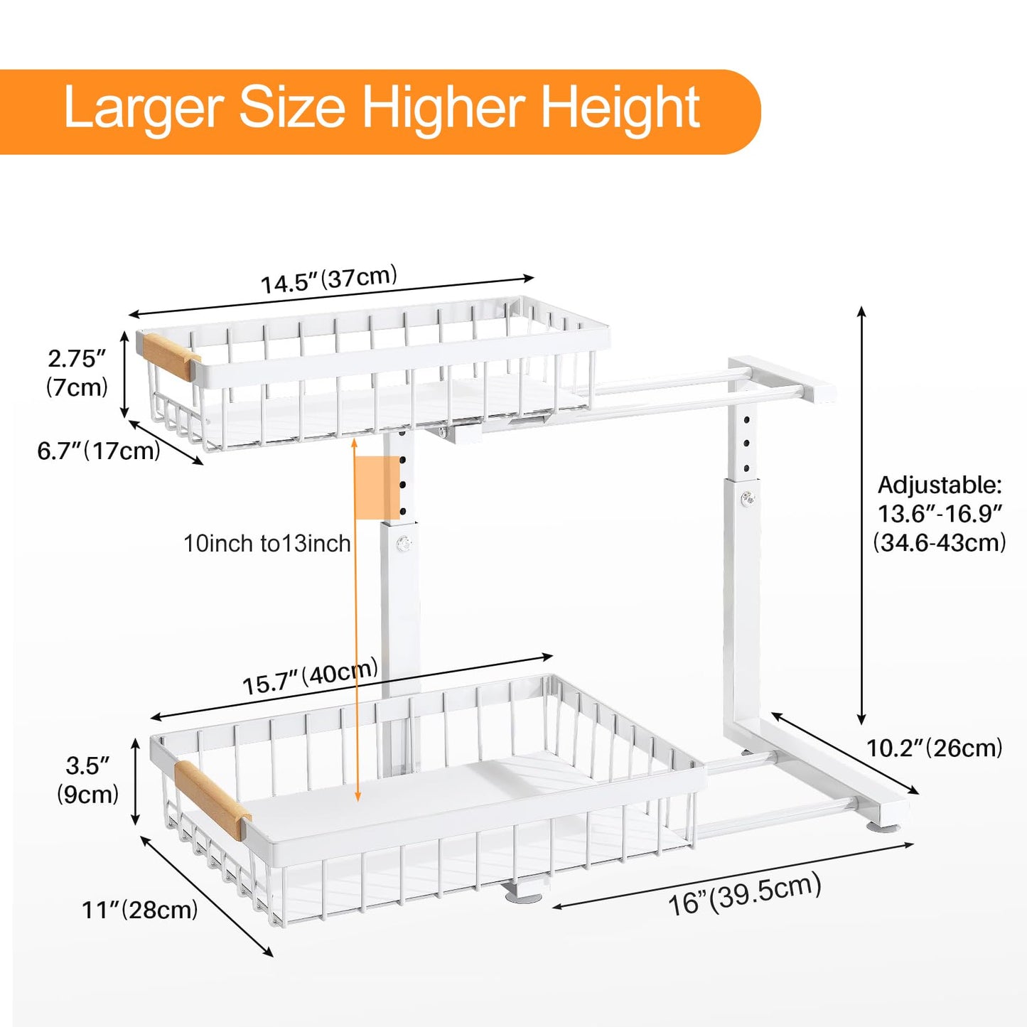 PXRACK 2 Pack Under Sink Organizer,Adjustable Height,2 Tier Pull Out Under Cabinet Organizer,Slide Out Thickened Metal Under Sink Storage for Kitchen Bathroom Laundry Cabinet Pantry,White