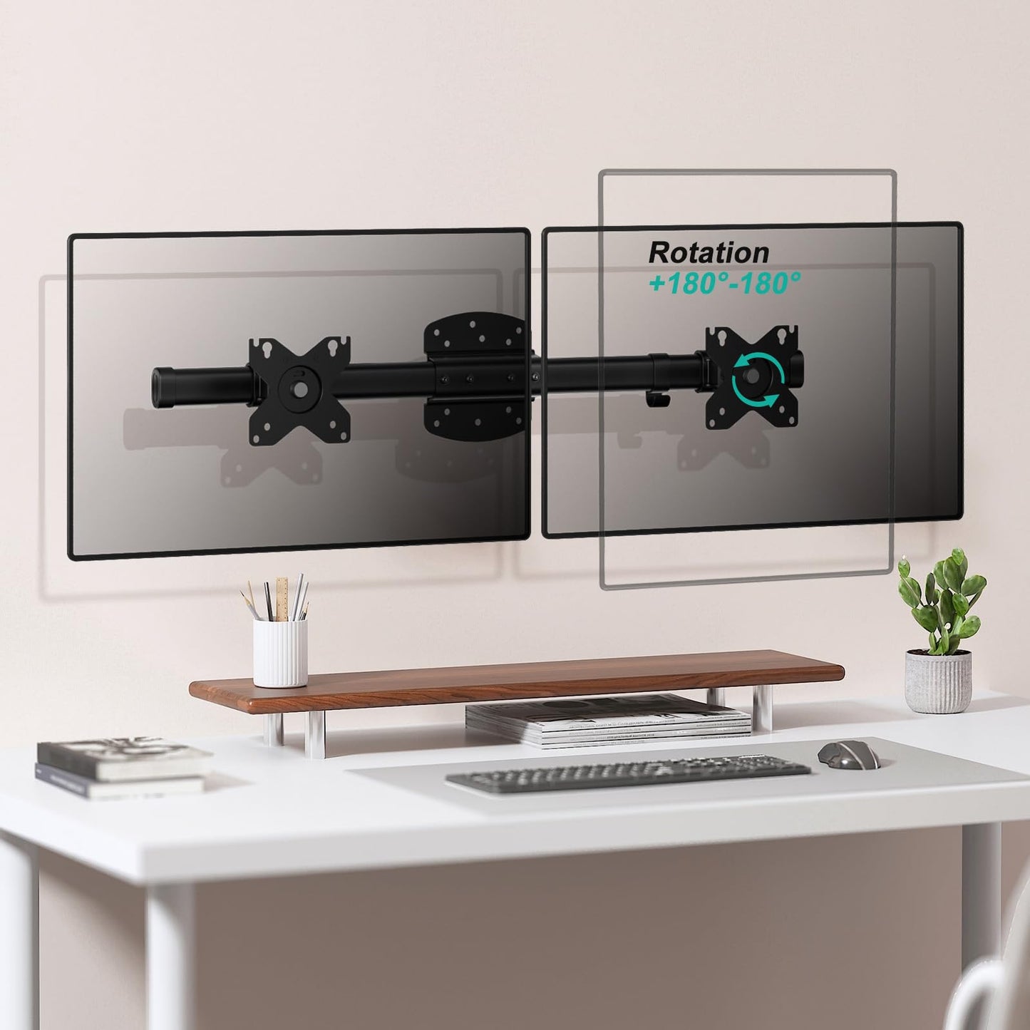 WALI Dual Monitor Arm Wall Mount up to 27 inch, Single to Double Bracket Adapter, Horizontal Assembly Monitor Arm for 2 Screens, Holds Up to 22lbs per Arm (012ARM), Black