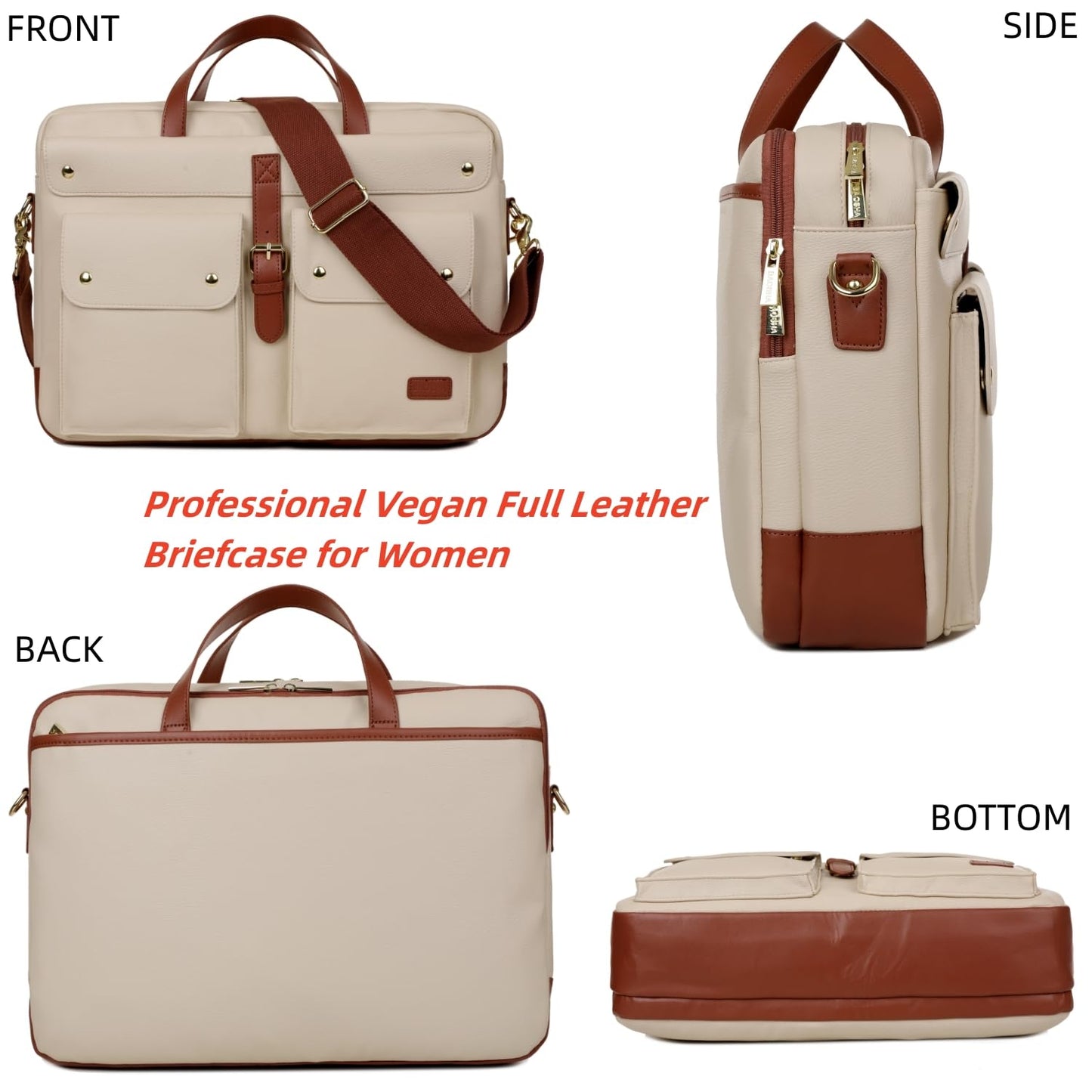 Baosha Vegan Leather 17 inch Laptop Computer Bag Messenger Bag Briefcase for Women Stylish BC-07, Beige, Laptop Computer Bag for Women