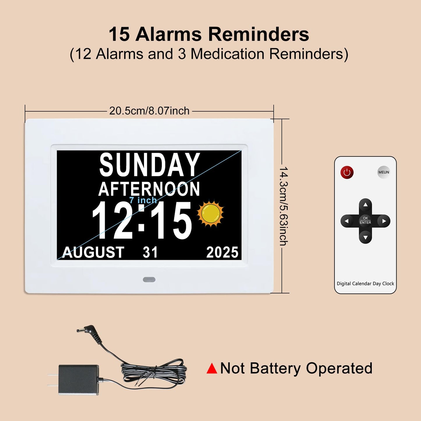 Dementia Clock for Seniors 7" Large Display Digital Calendar Day Clock,15 Custom Reminders, Alarm Clock with Day and Date,Auto-Dimmer,Electronic Calendar for Elderly Alzheimer's White-Remote Control